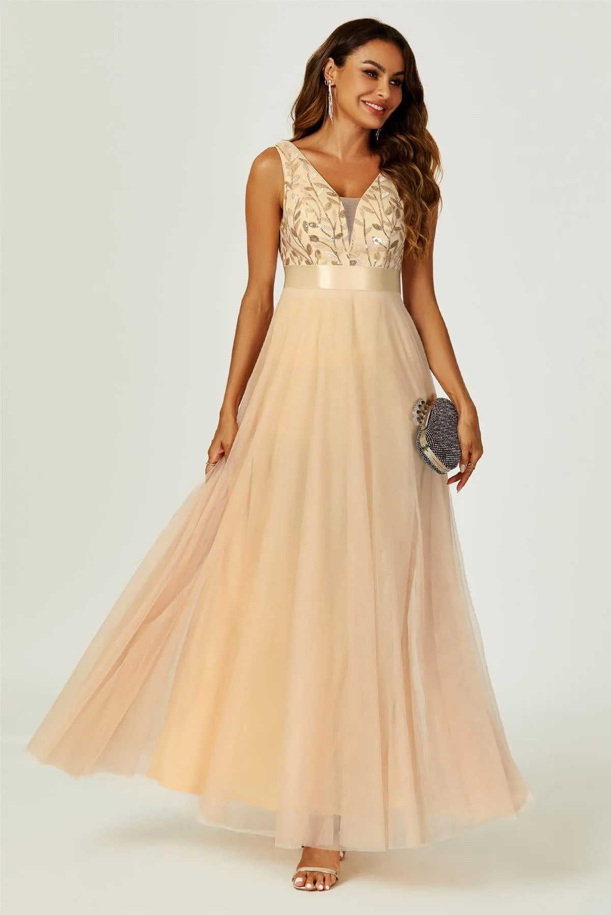 Sequin Top V Neck Bridesmaid Maxi Dress In Gold