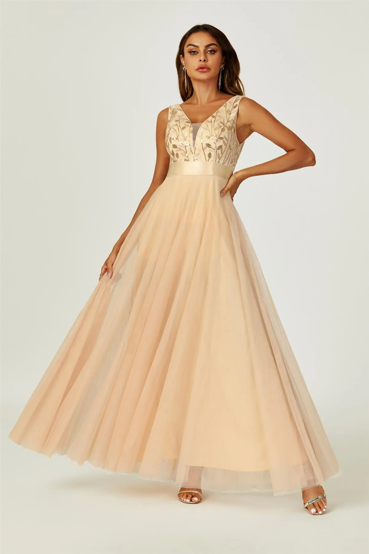 Sequin Top V Neck Bridesmaid Maxi Dress In Gold