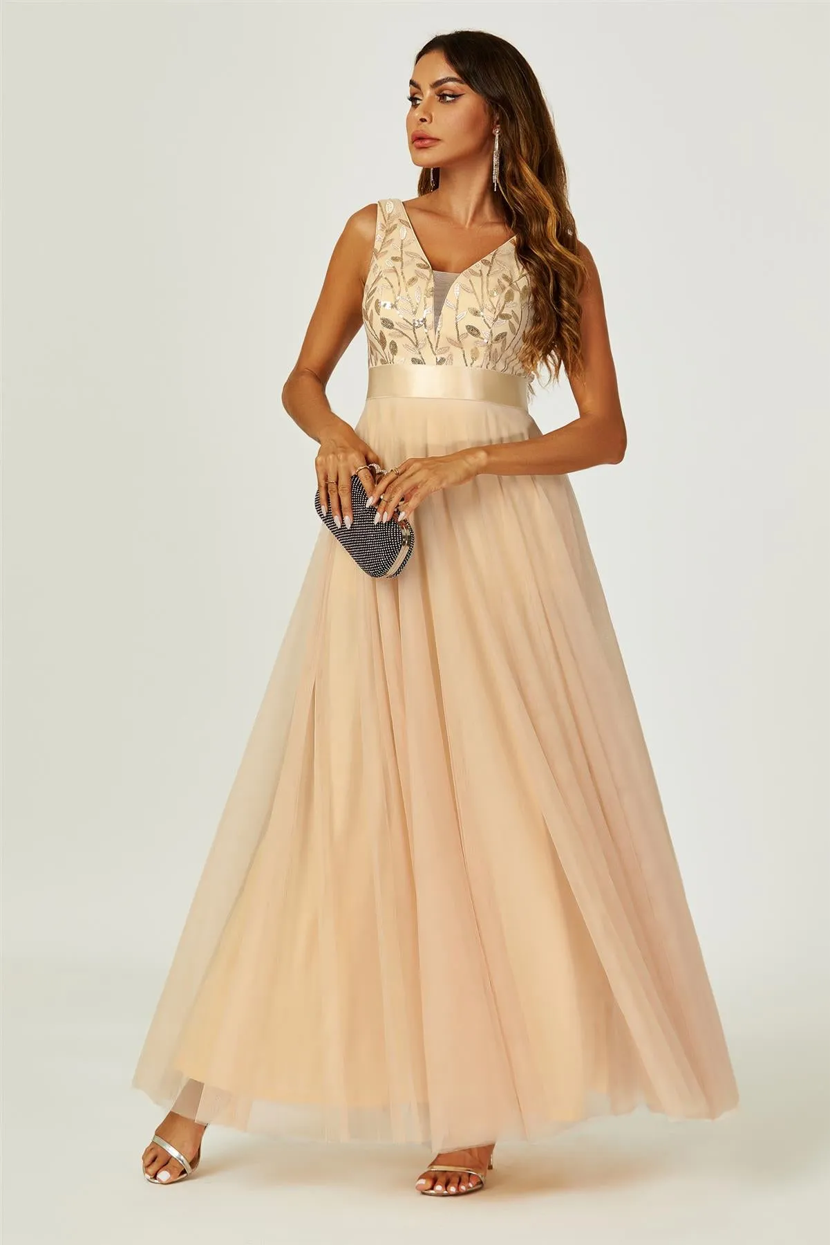 Sequin Top V Neck Bridesmaid Maxi Dress In Gold