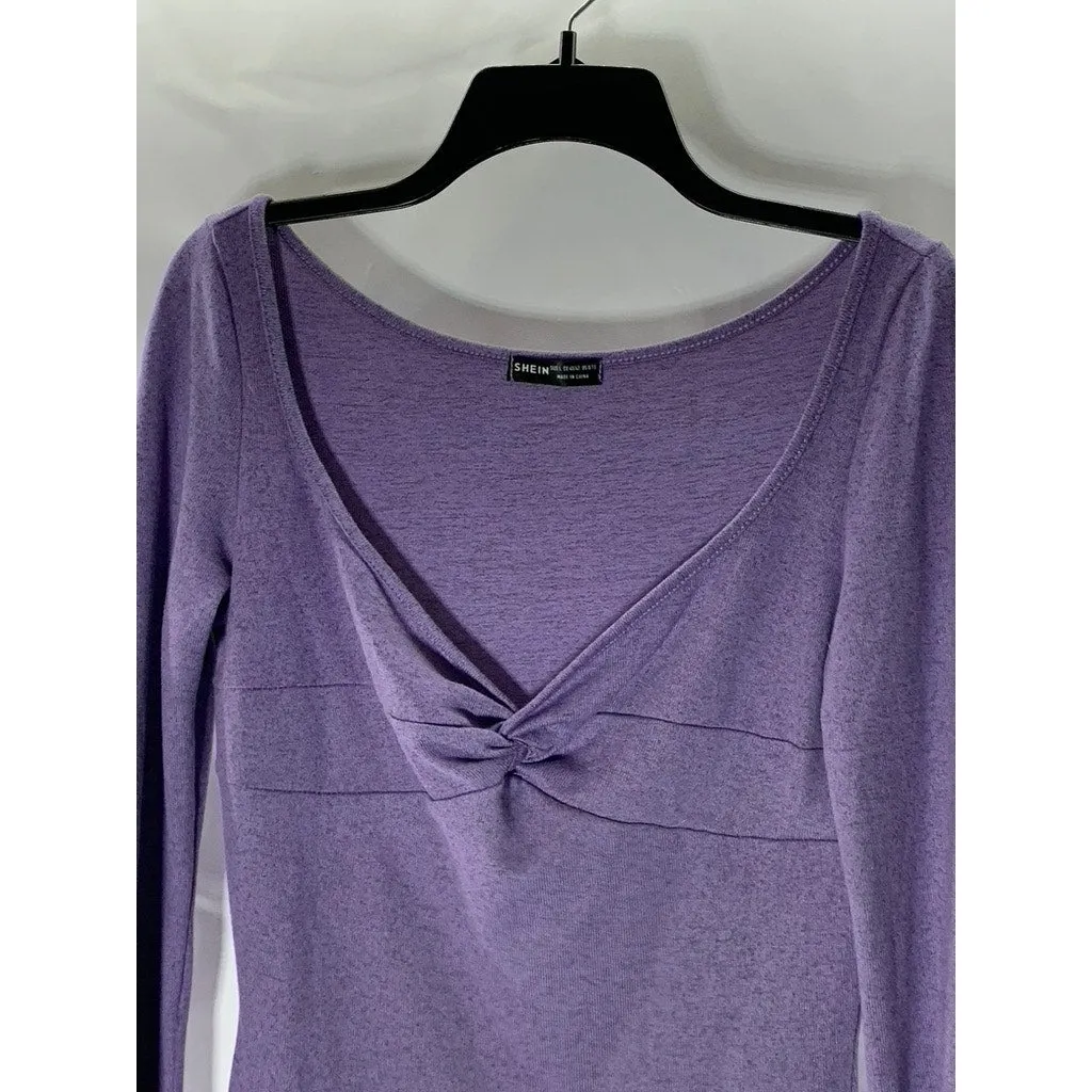 SHEIN Women's Purple V-Neck Twist-Front Long Flare Sleeve Knit Top SZ L