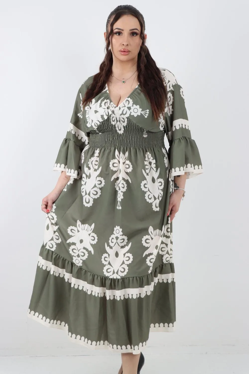 Shirred Elasticated Waist Printed Maxi Dress
