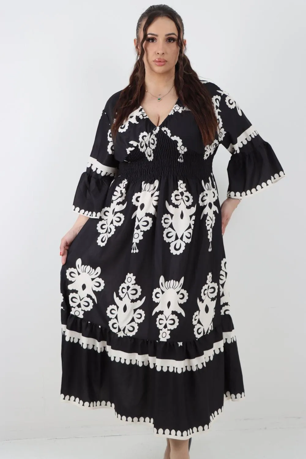 Shirred Elasticated Waist Printed Maxi Dress