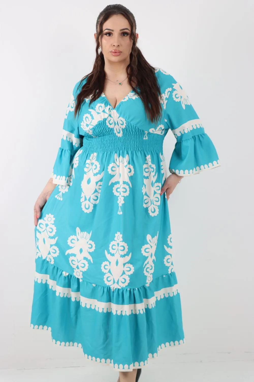 Shirred Elasticated Waist Printed Maxi Dress