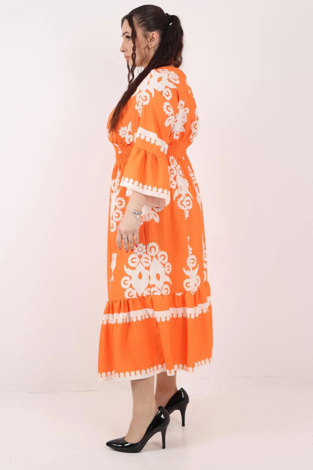 Shirred Elasticated Waist Printed Maxi Dress