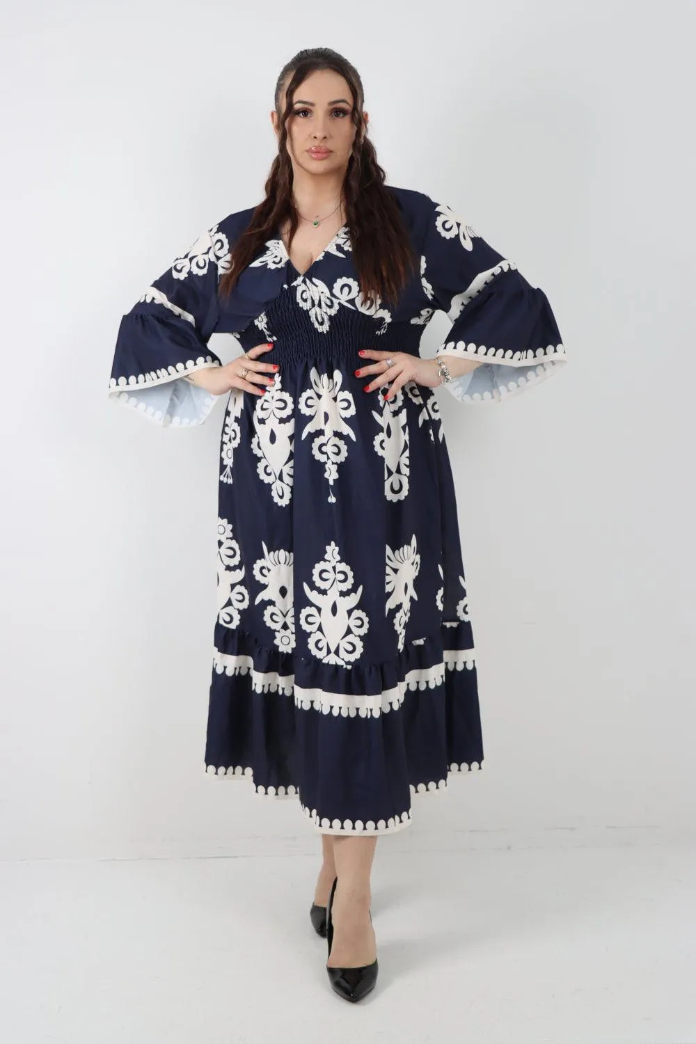Shirred Elasticated Waist Printed Maxi Dress