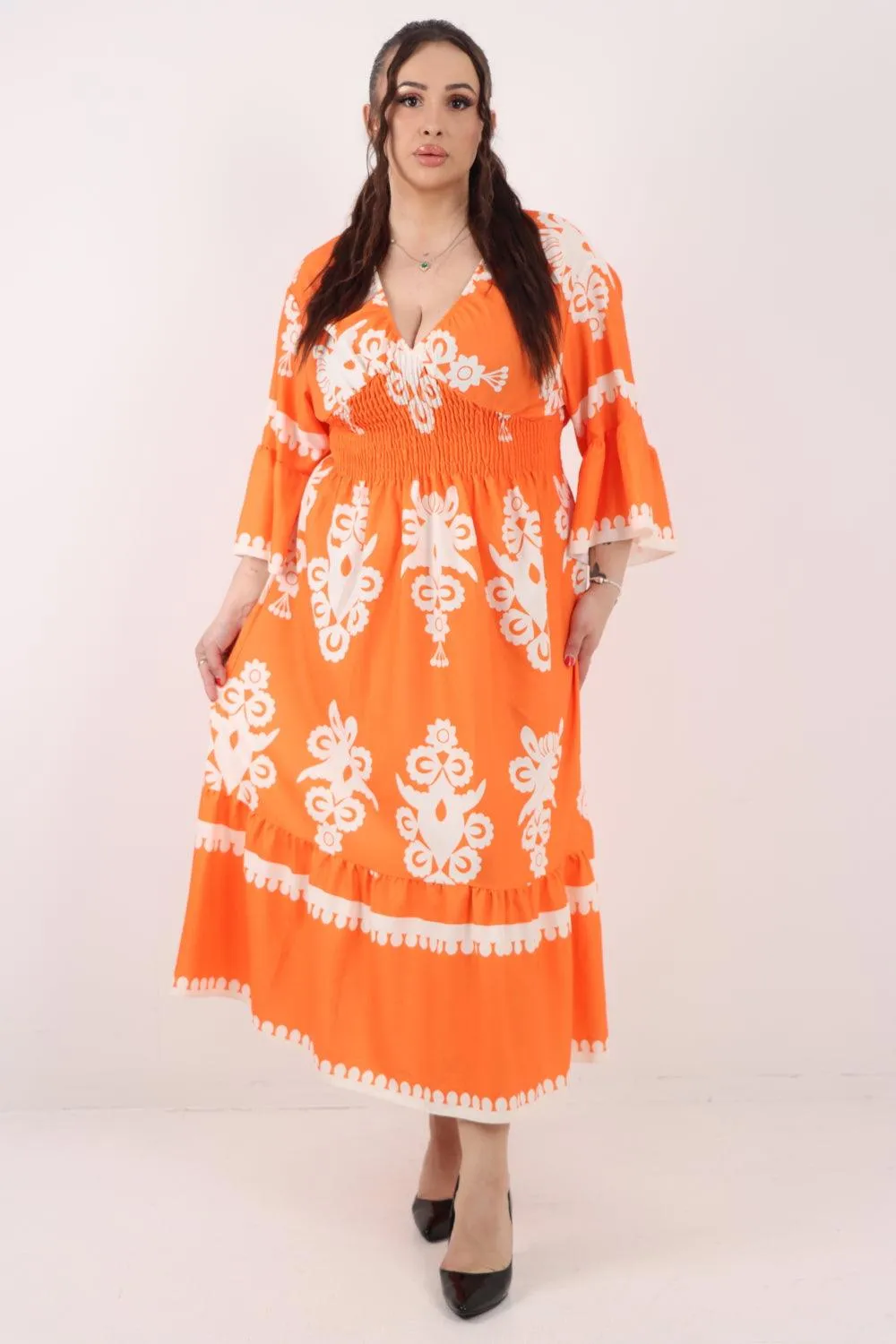 Shirred Elasticated Waist Printed Maxi Dress