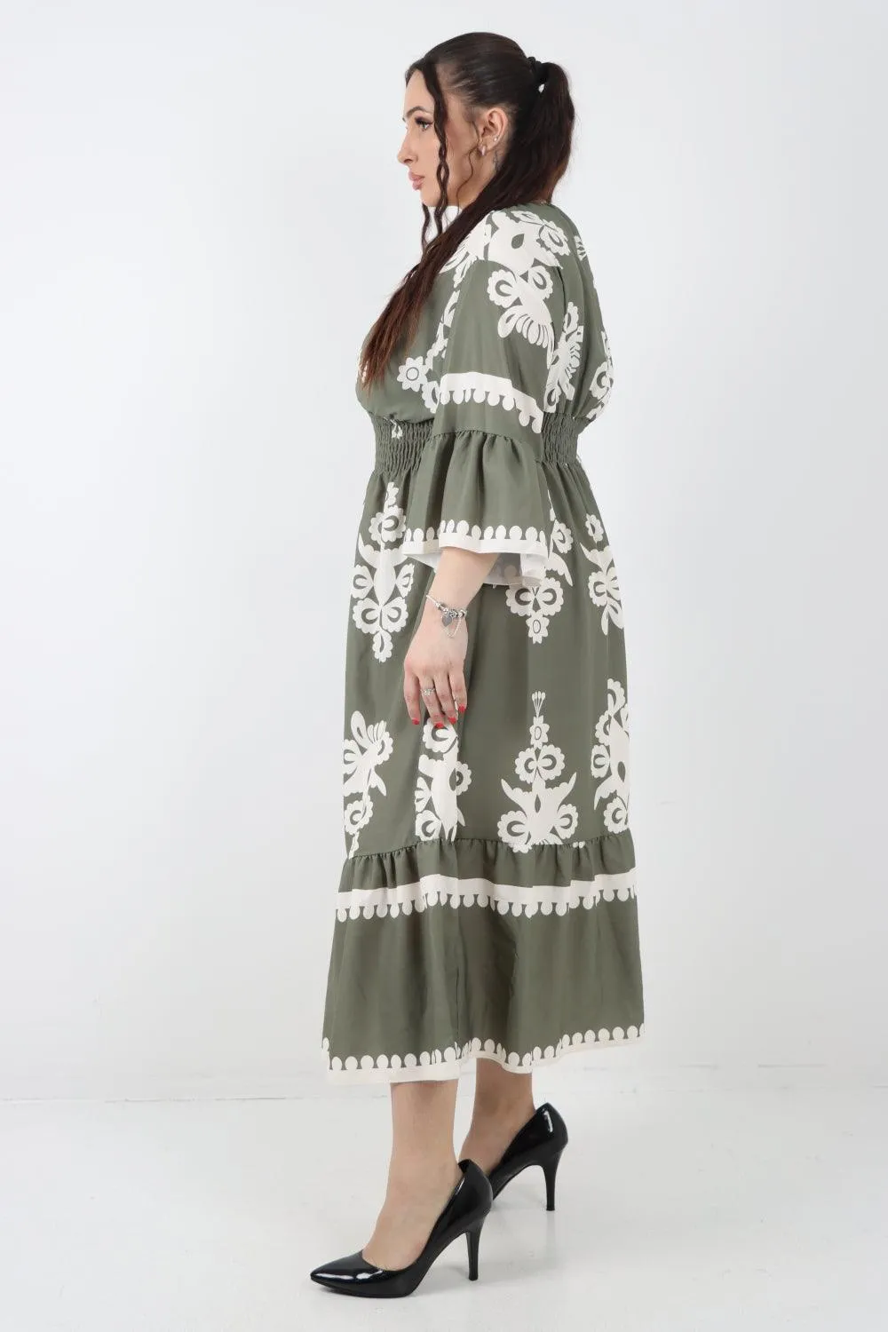 Shirred Elasticated Waist Printed Maxi Dress