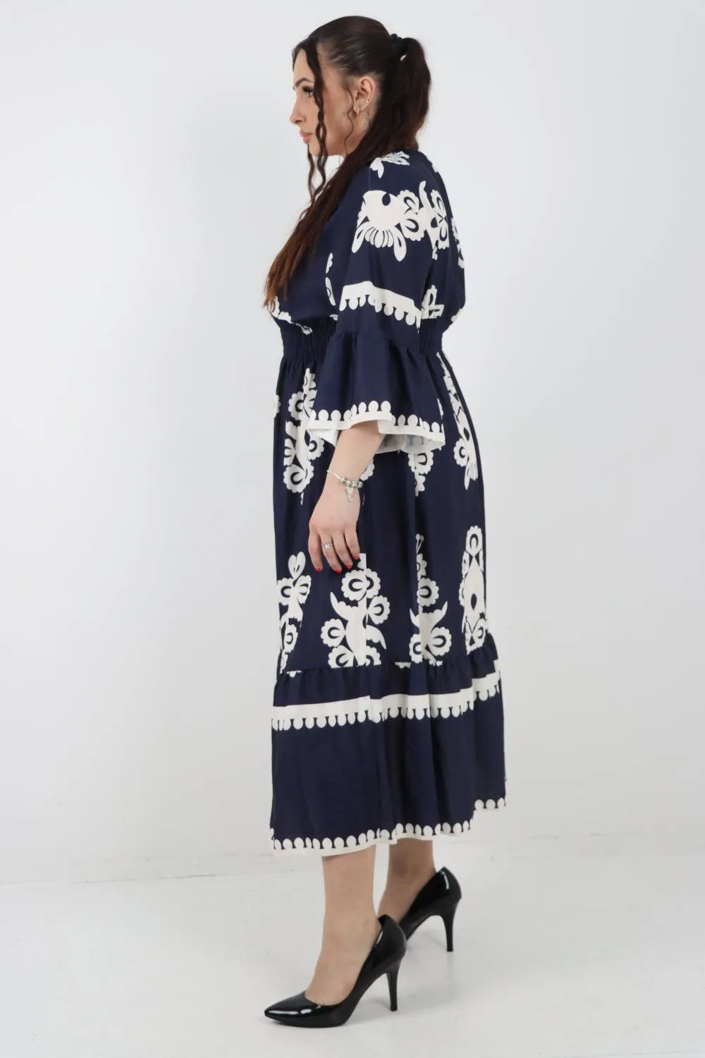 Shirred Elasticated Waist Printed Maxi Dress