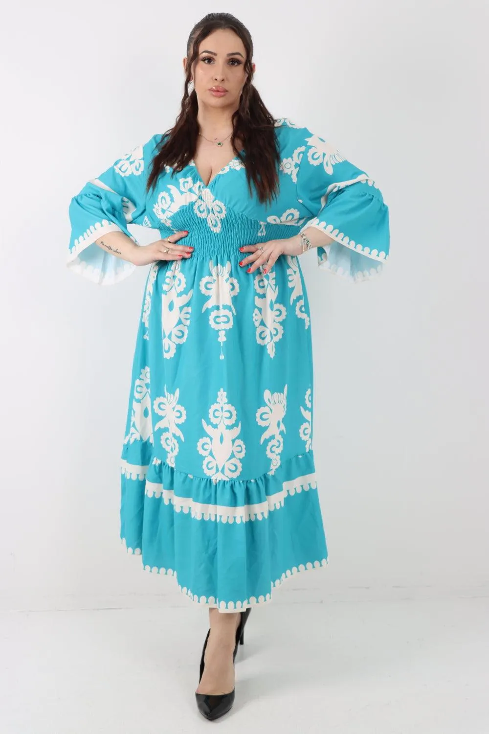 Shirred Elasticated Waist Printed Maxi Dress