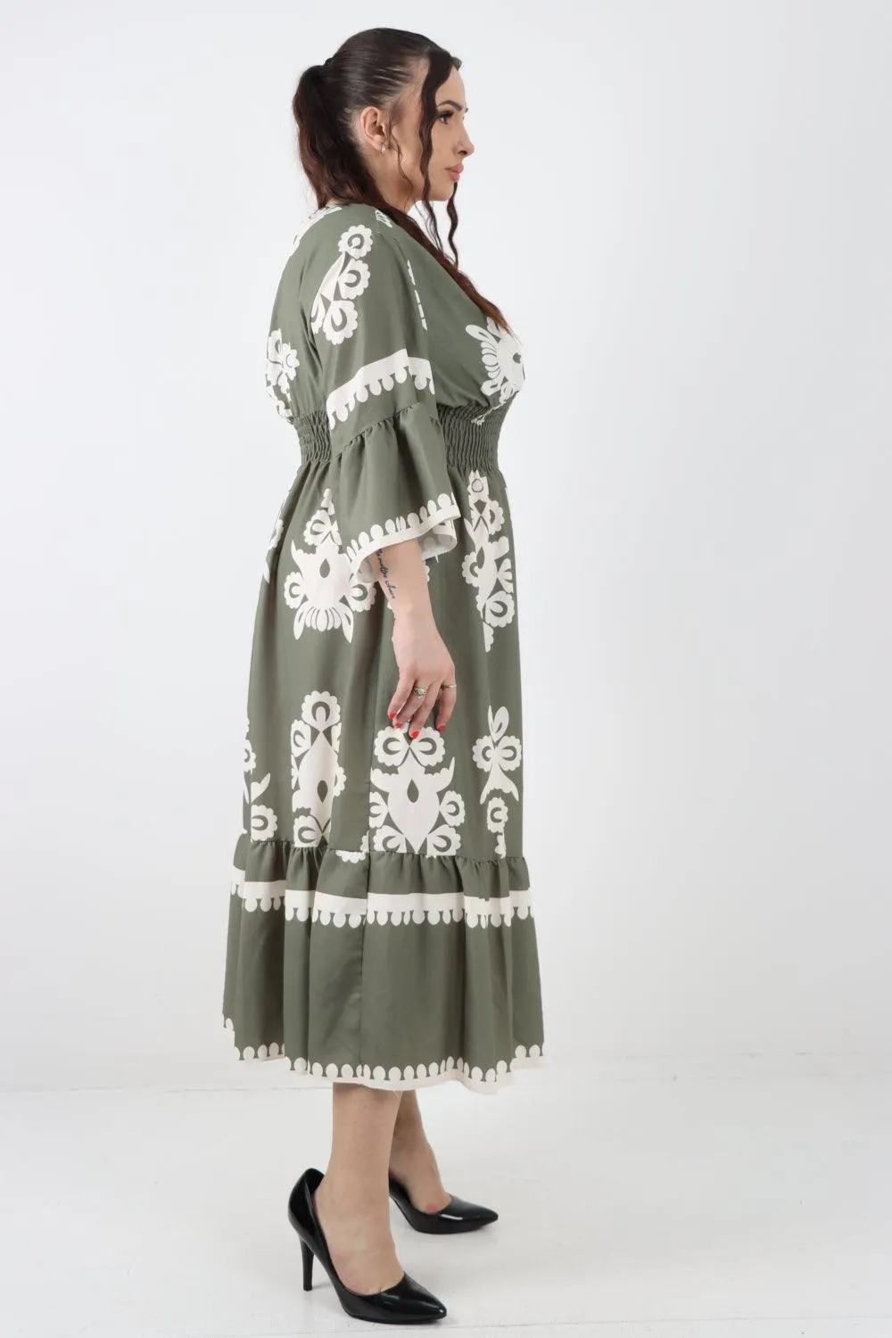 Shirred Elasticated Waist Printed Maxi Dress