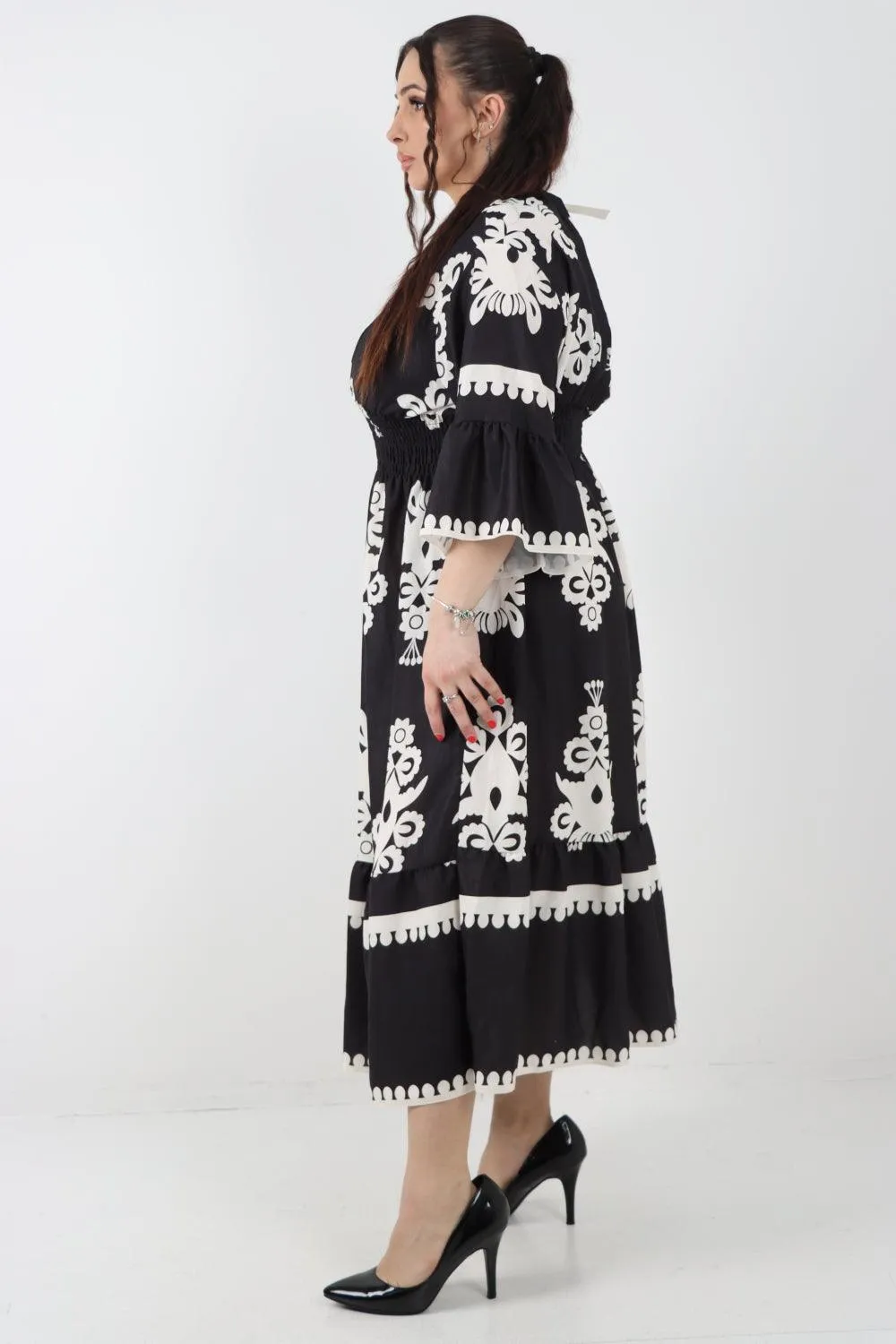 Shirred Elasticated Waist Printed Maxi Dress