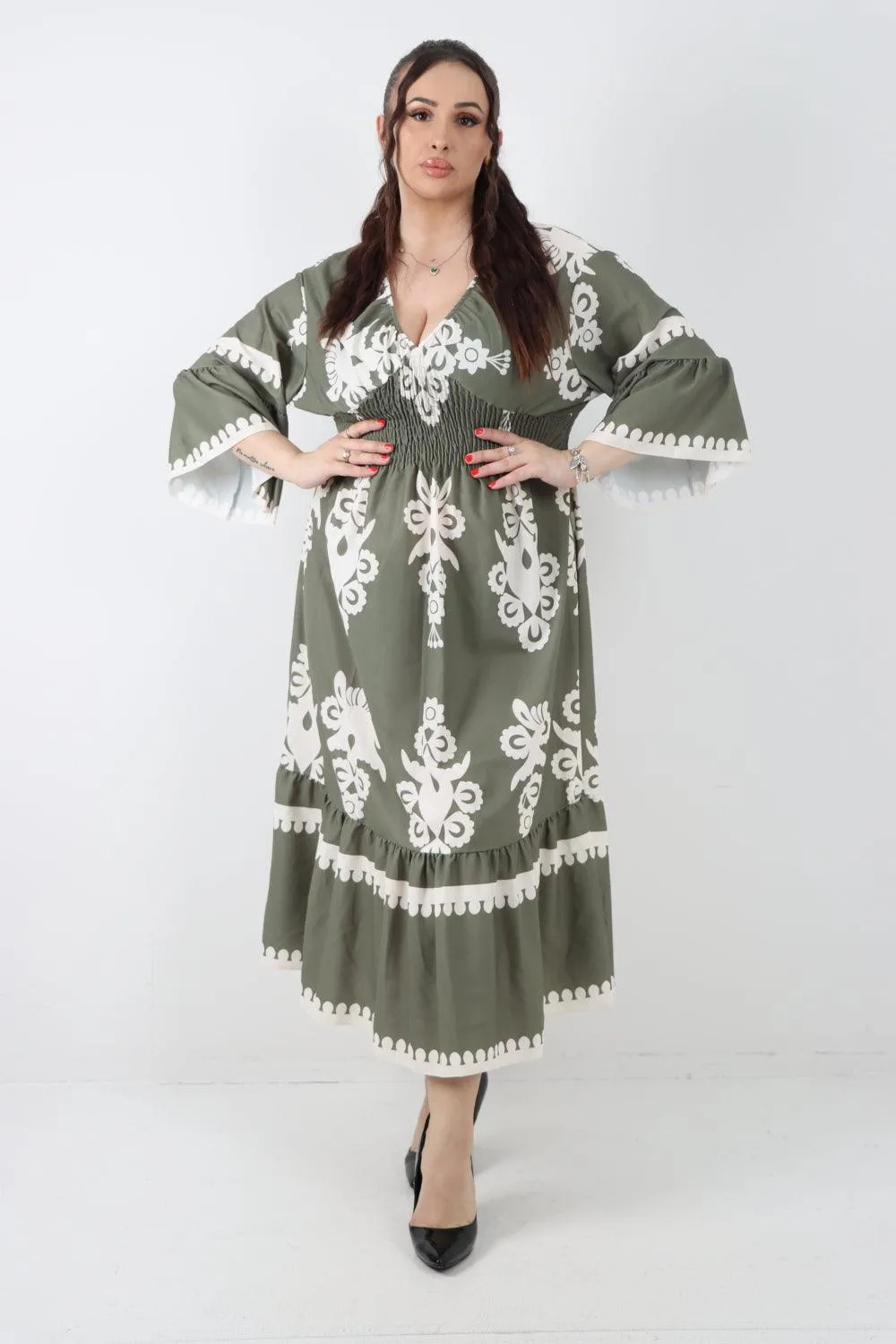 Shirred Elasticated Waist Printed Maxi Dress