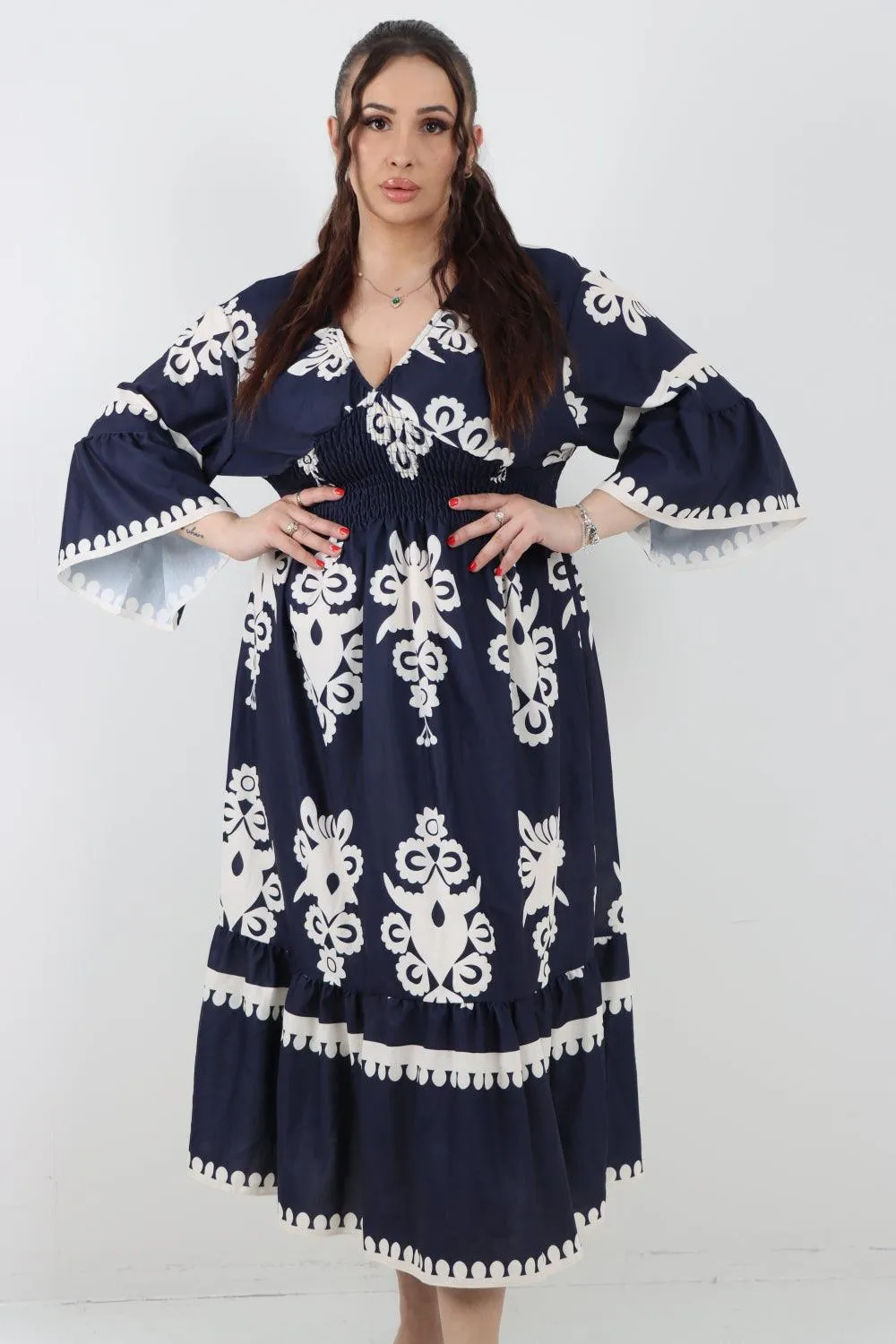 Shirred Elasticated Waist Printed Maxi Dress
