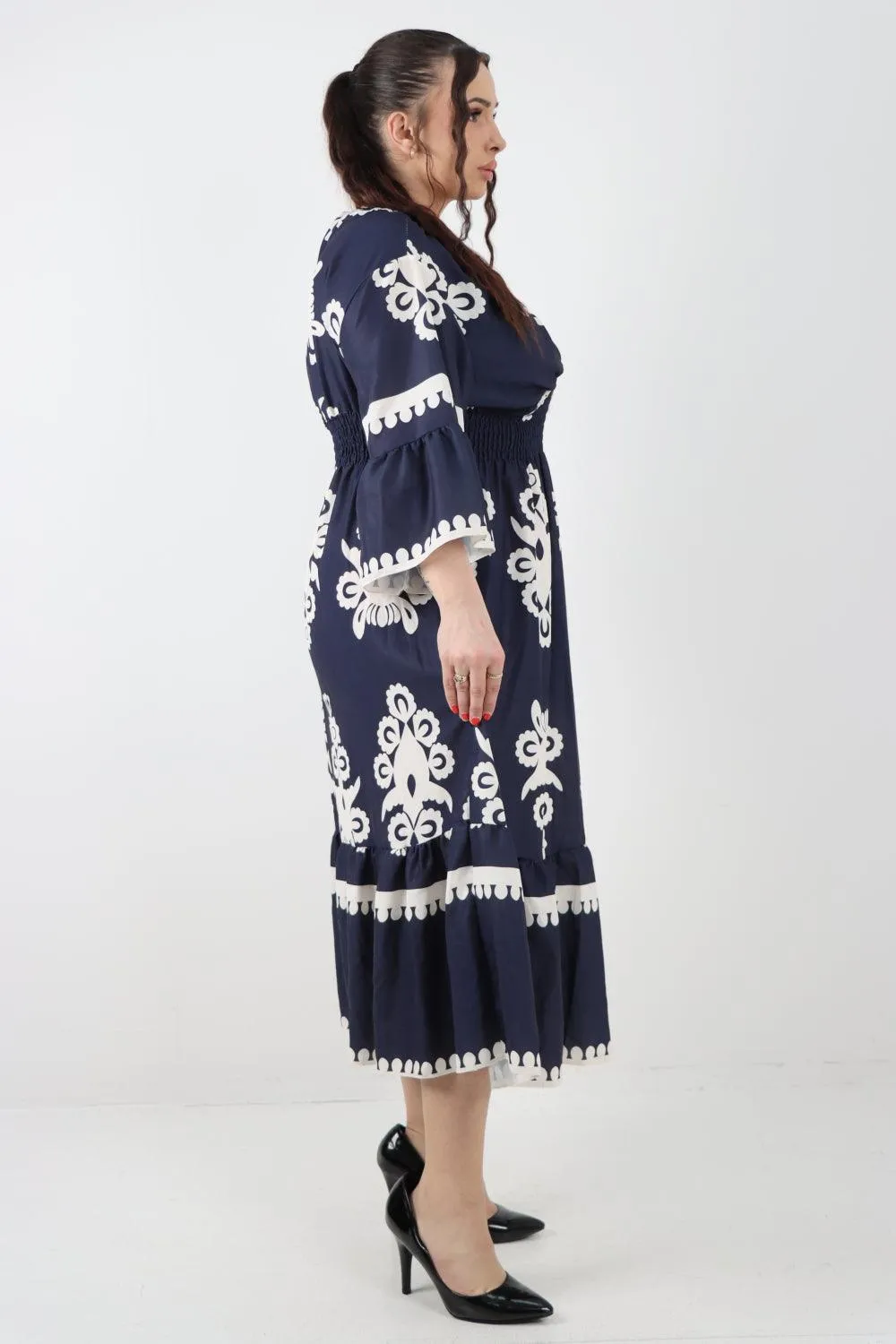 Shirred Elasticated Waist Printed Maxi Dress