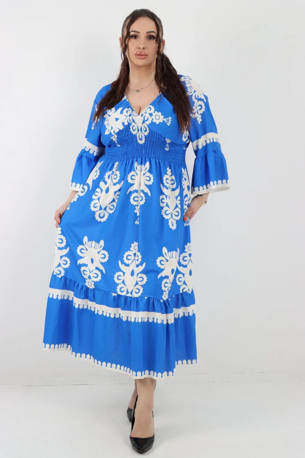 Shirred Elasticated Waist Printed Maxi Dress