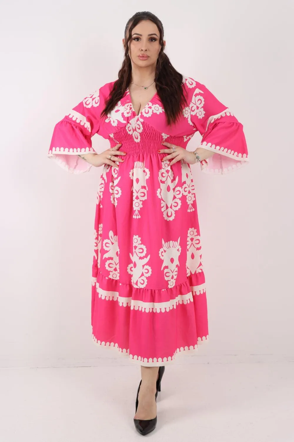 Shirred Elasticated Waist Printed Maxi Dress
