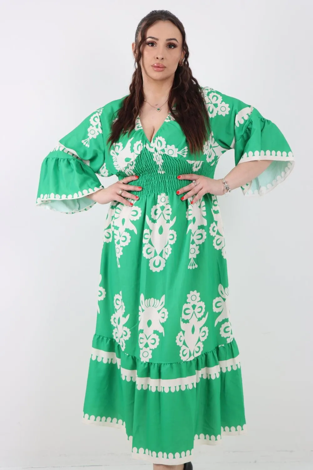Shirred Elasticated Waist Printed Maxi Dress