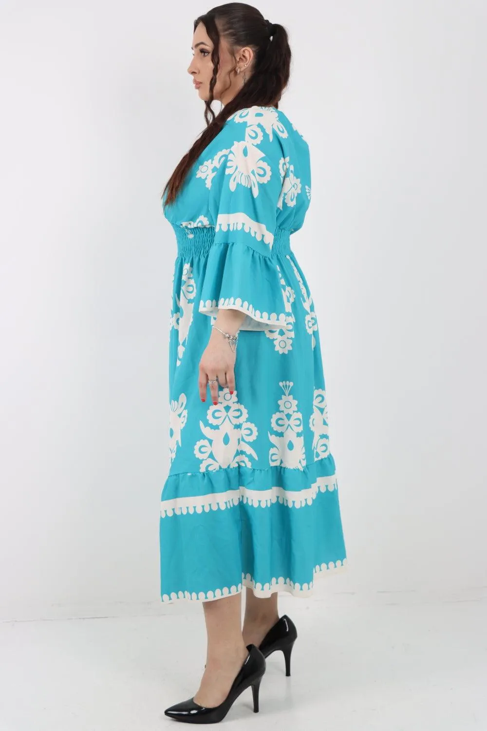 Shirred Elasticated Waist Printed Maxi Dress