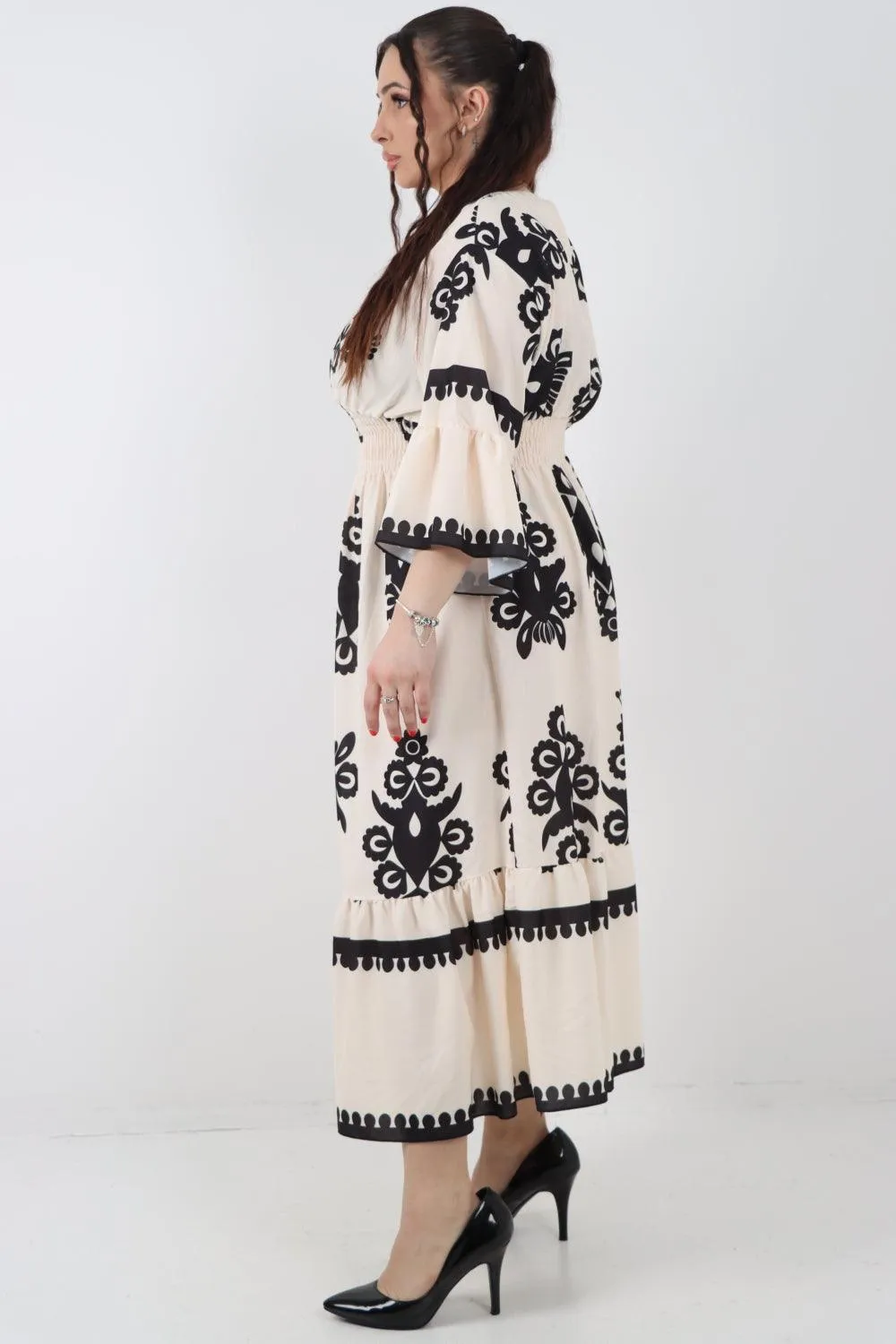 Shirred Elasticated Waist Printed Maxi Dress