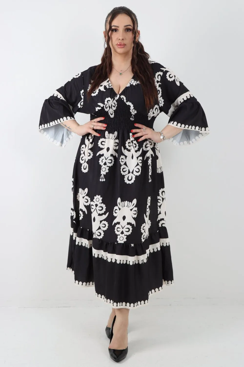 Shirred Elasticated Waist Printed Maxi Dress
