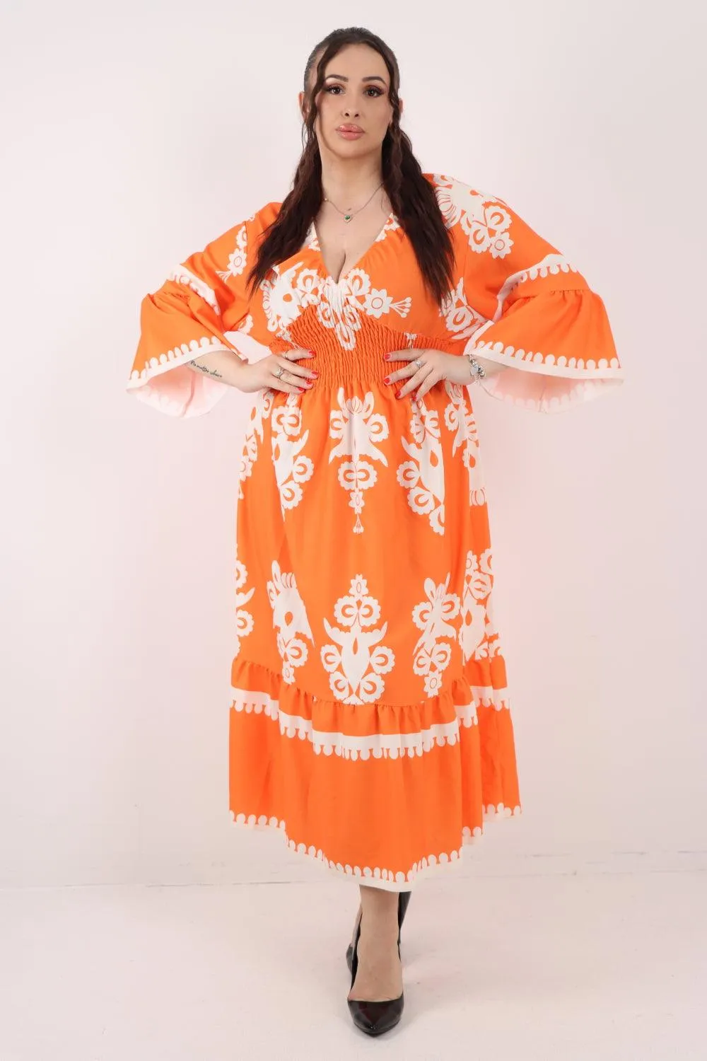 Shirred Elasticated Waist Printed Maxi Dress