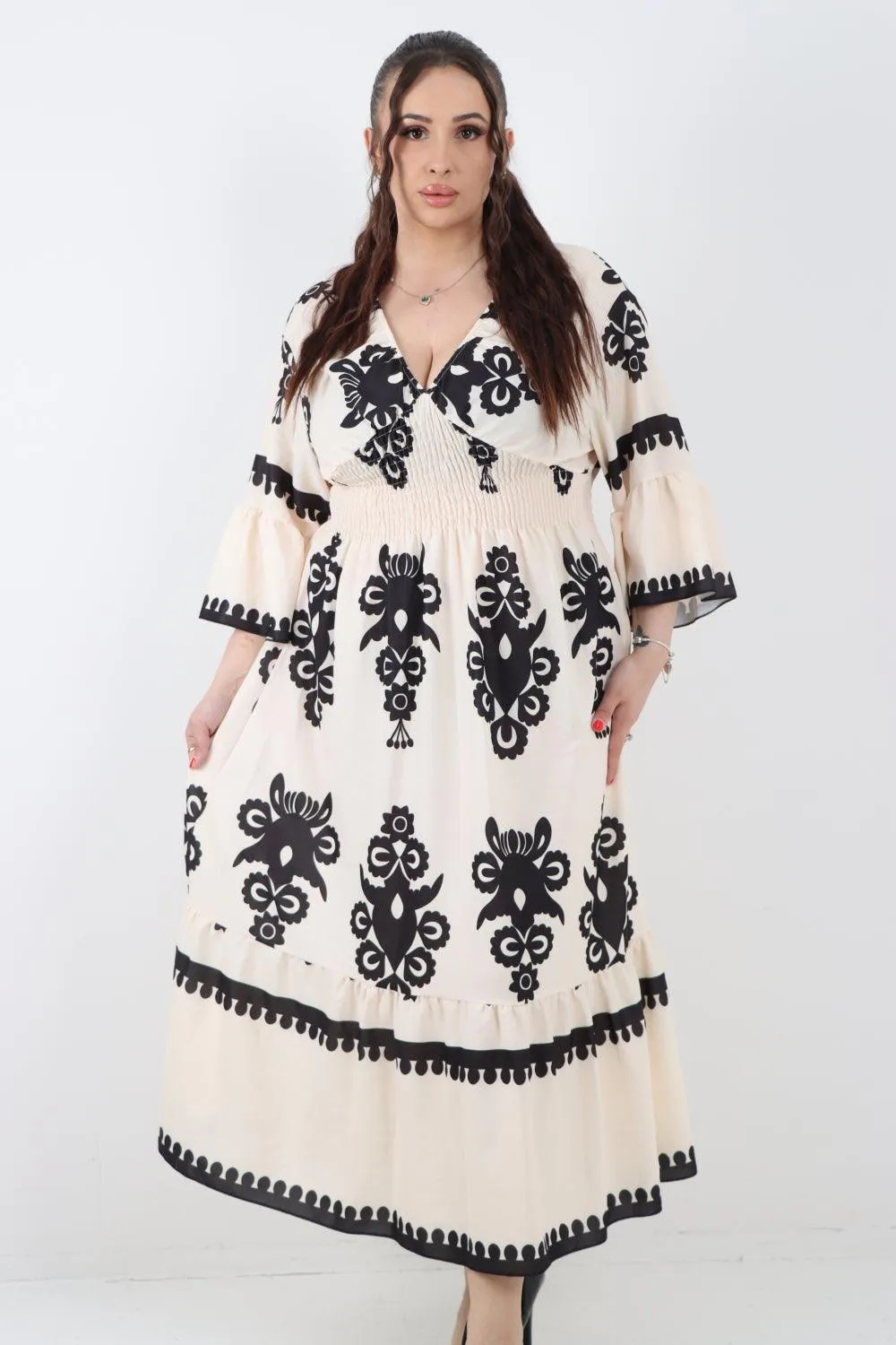 Shirred Elasticated Waist Printed Maxi Dress