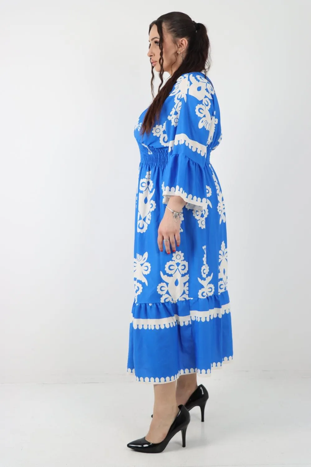Shirred Elasticated Waist Printed Maxi Dress