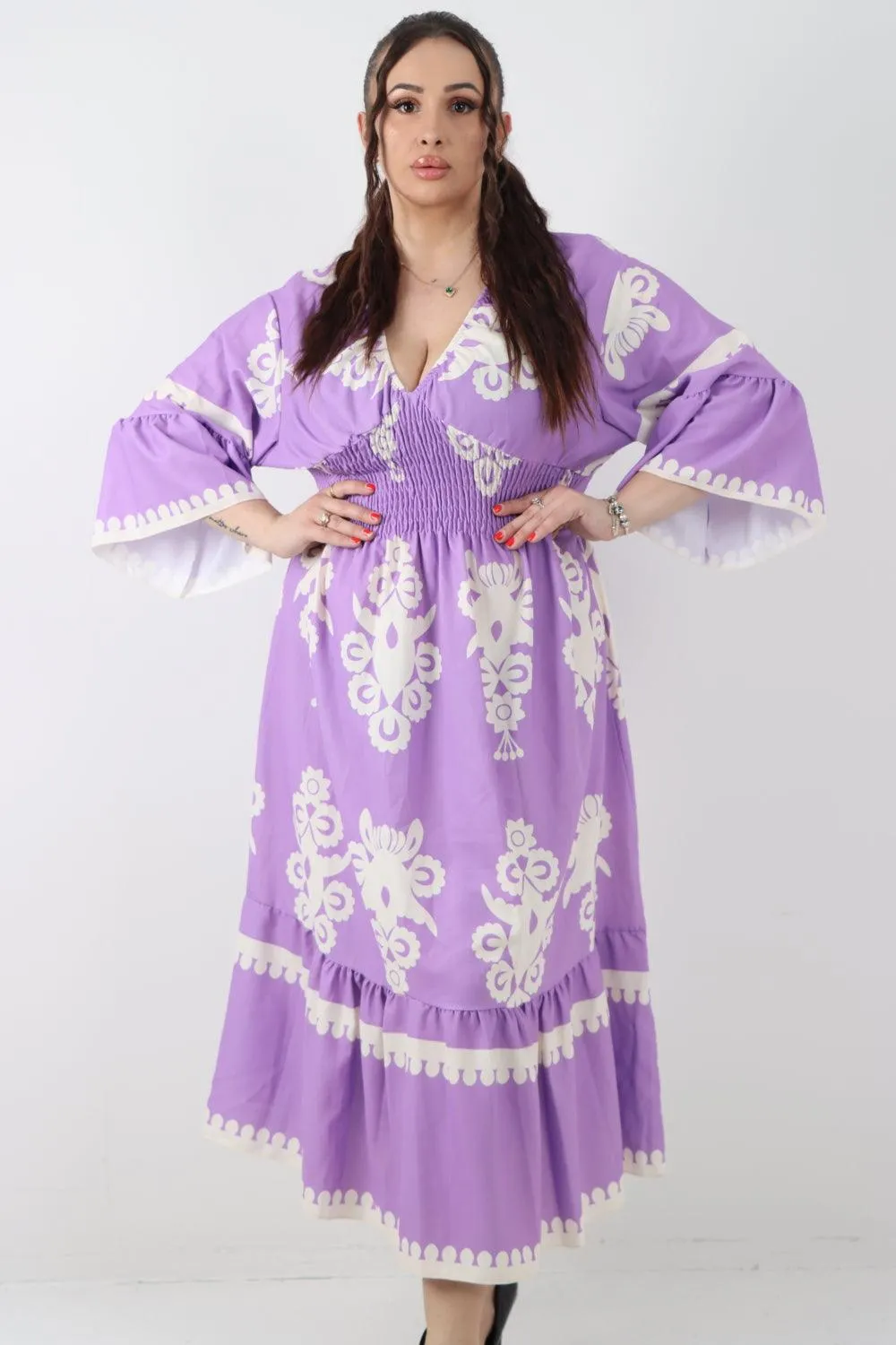 Shirred Elasticated Waist Printed Maxi Dress