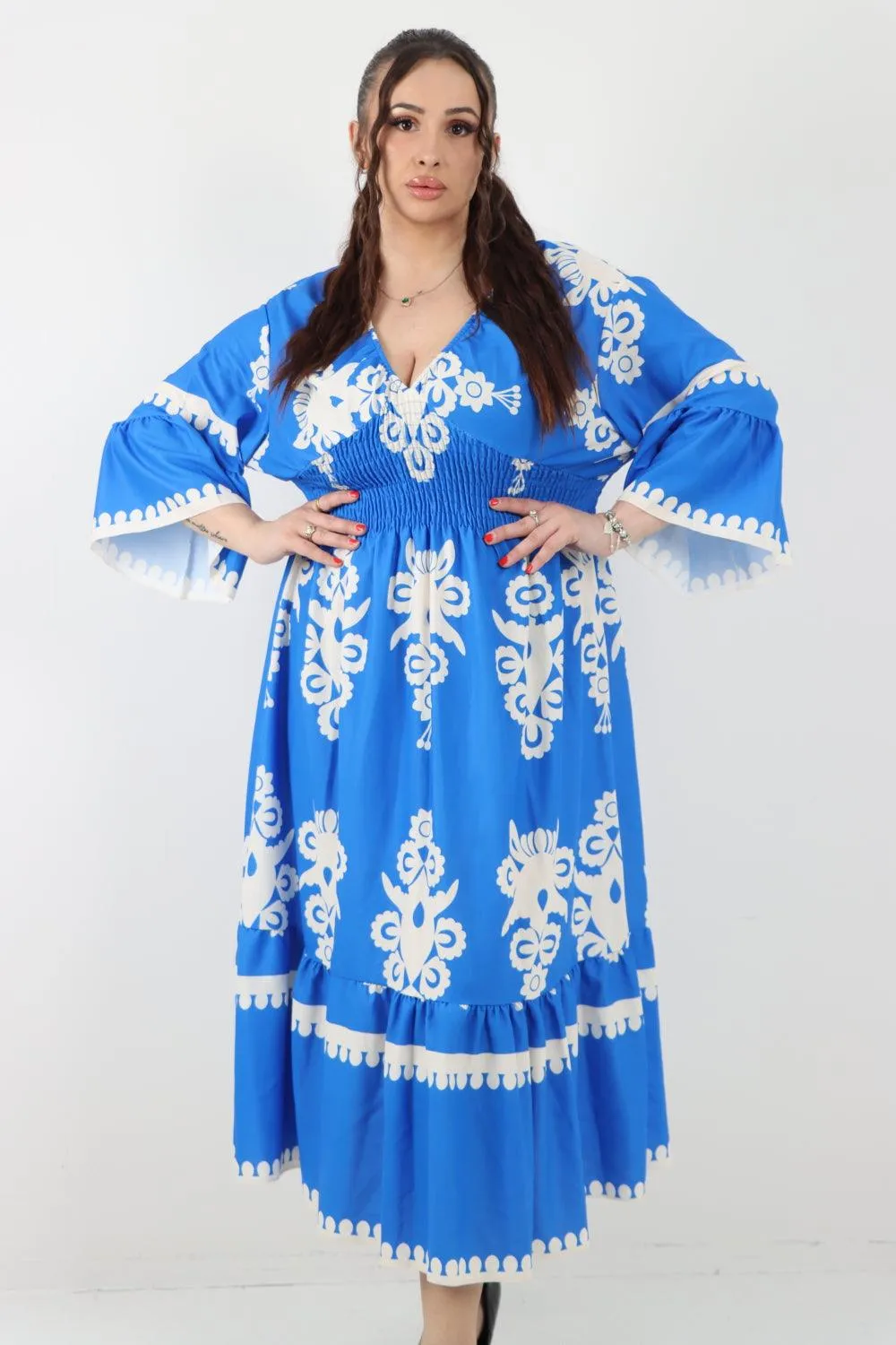 Shirred Elasticated Waist Printed Maxi Dress