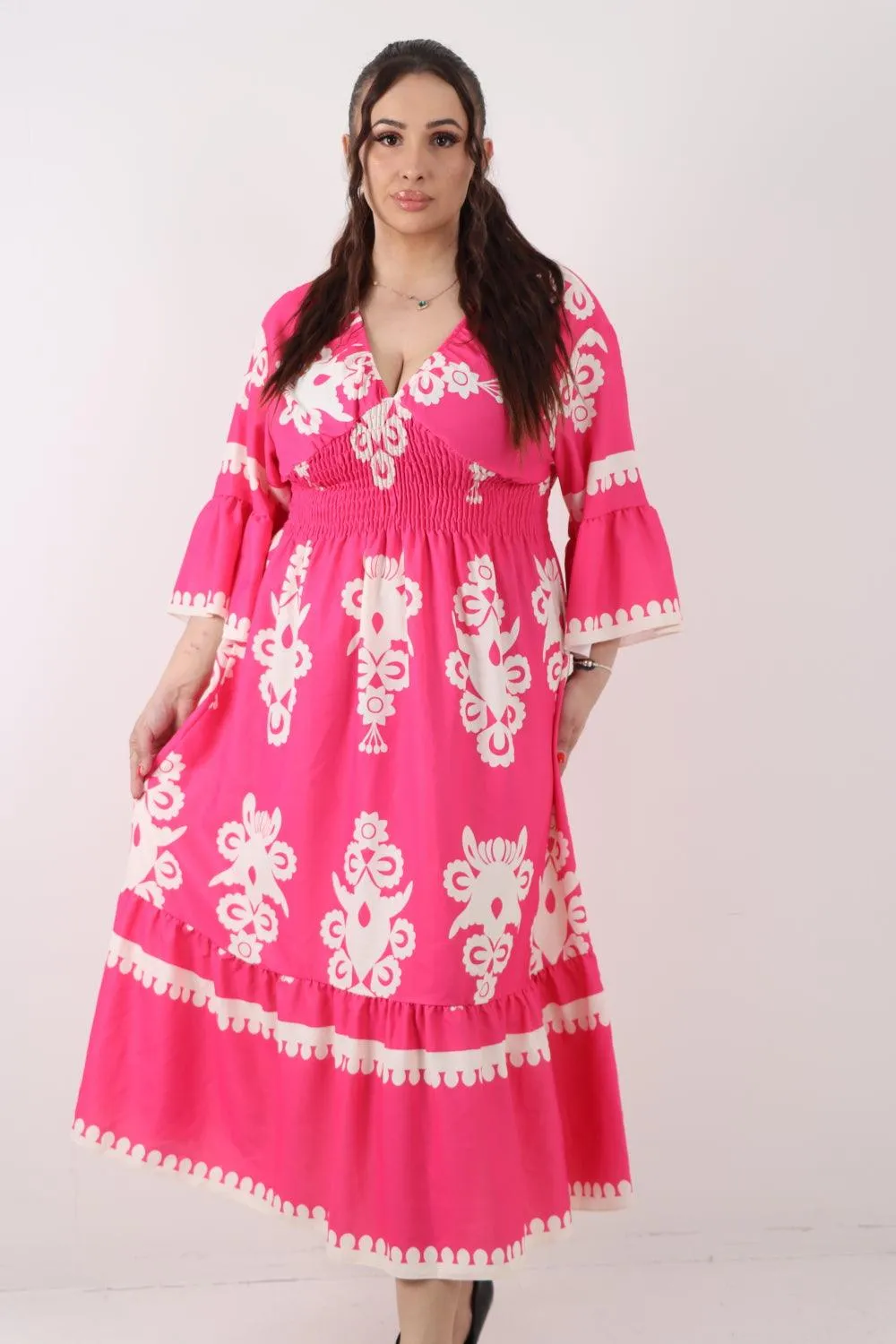 Shirred Elasticated Waist Printed Maxi Dress