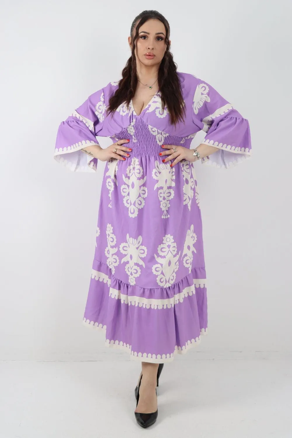 Shirred Elasticated Waist Printed Maxi Dress