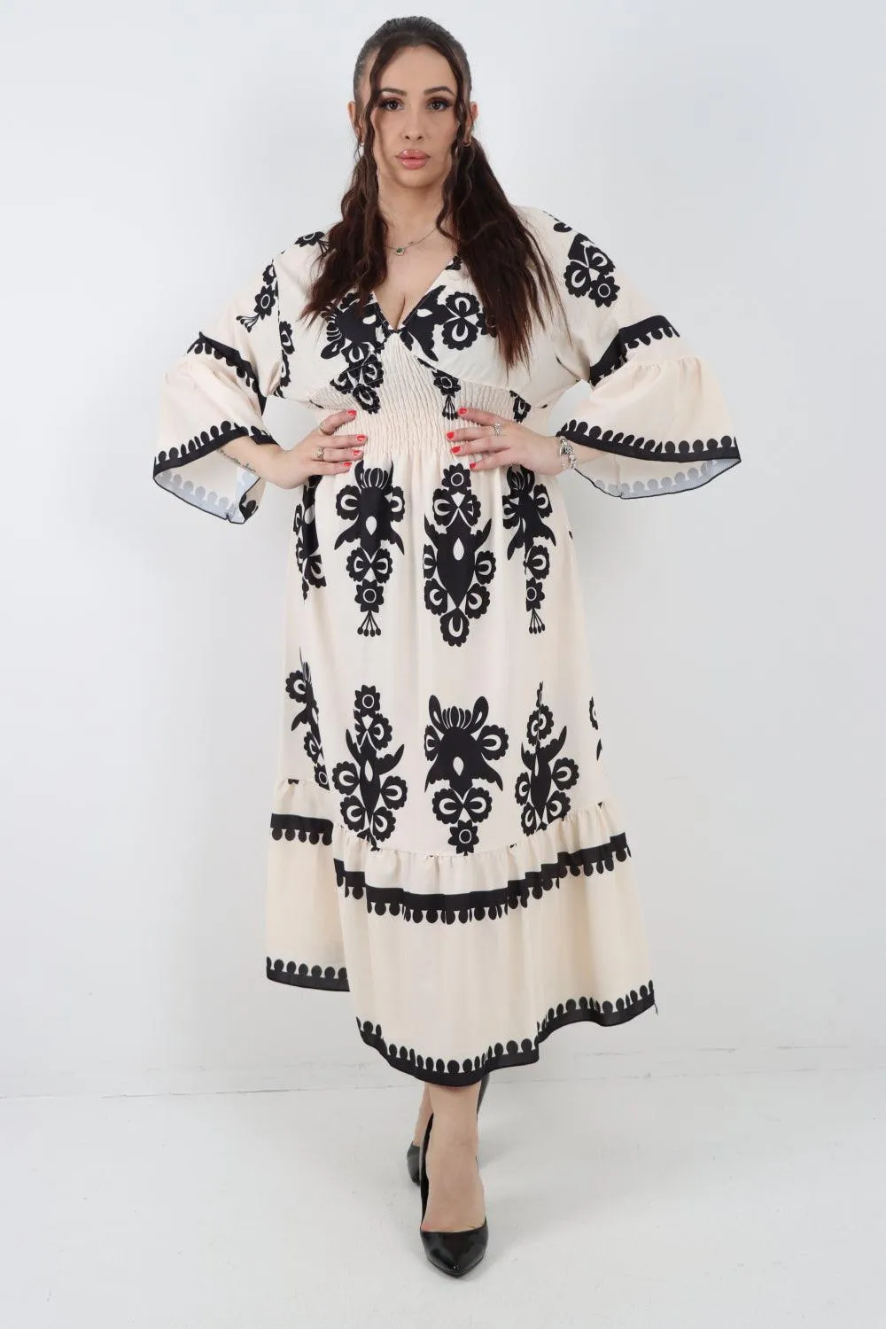 Shirred Elasticated Waist Printed Maxi Dress