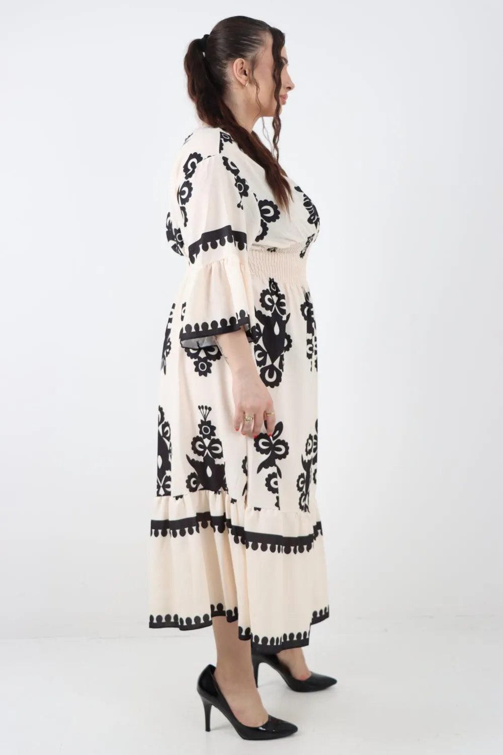 Shirred Elasticated Waist Printed Maxi Dress