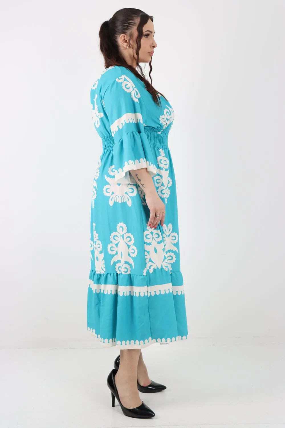 Shirred Elasticated Waist Printed Maxi Dress
