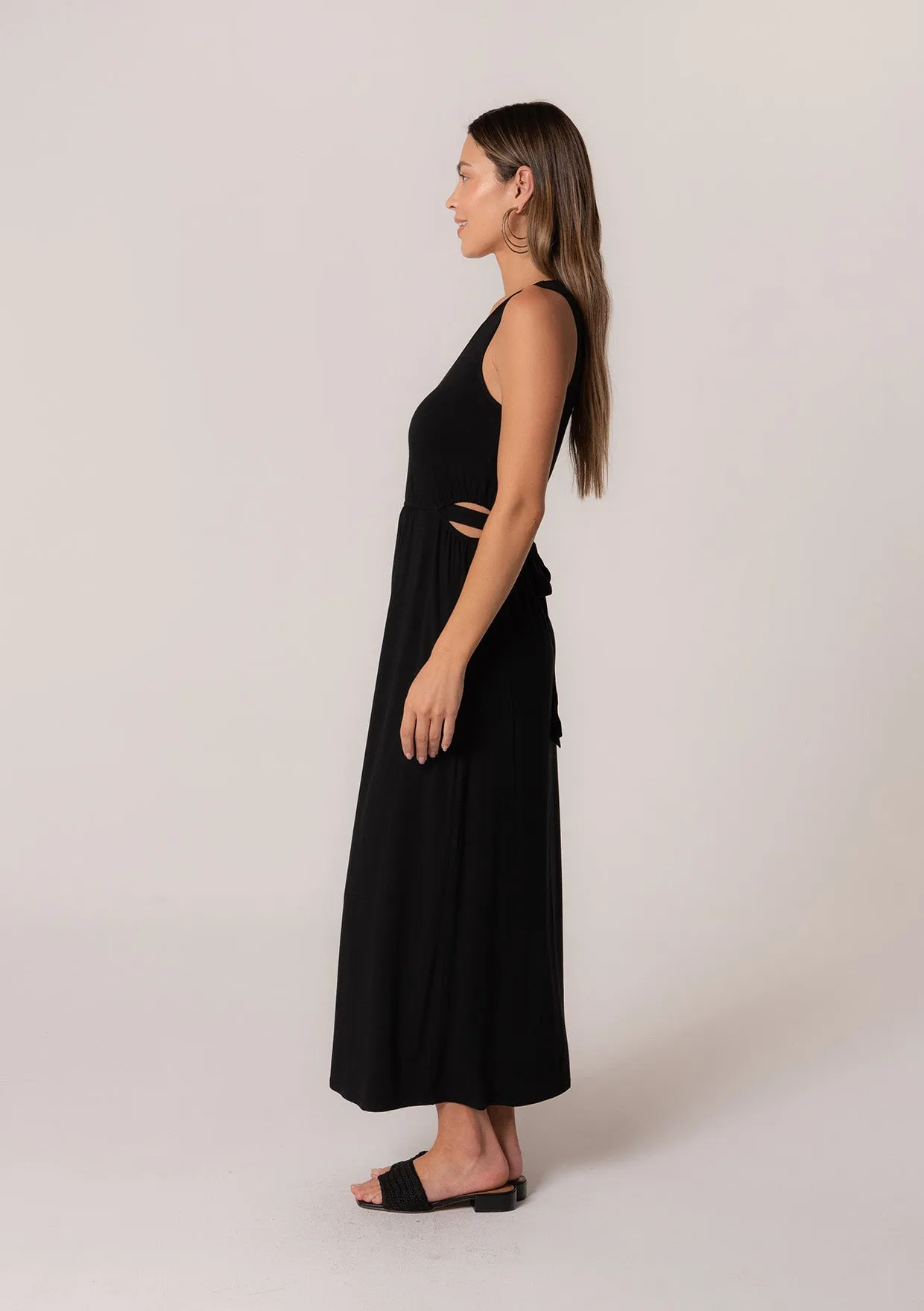 Sleeveless V Neck Tie Back Cut Out Maxi Dress