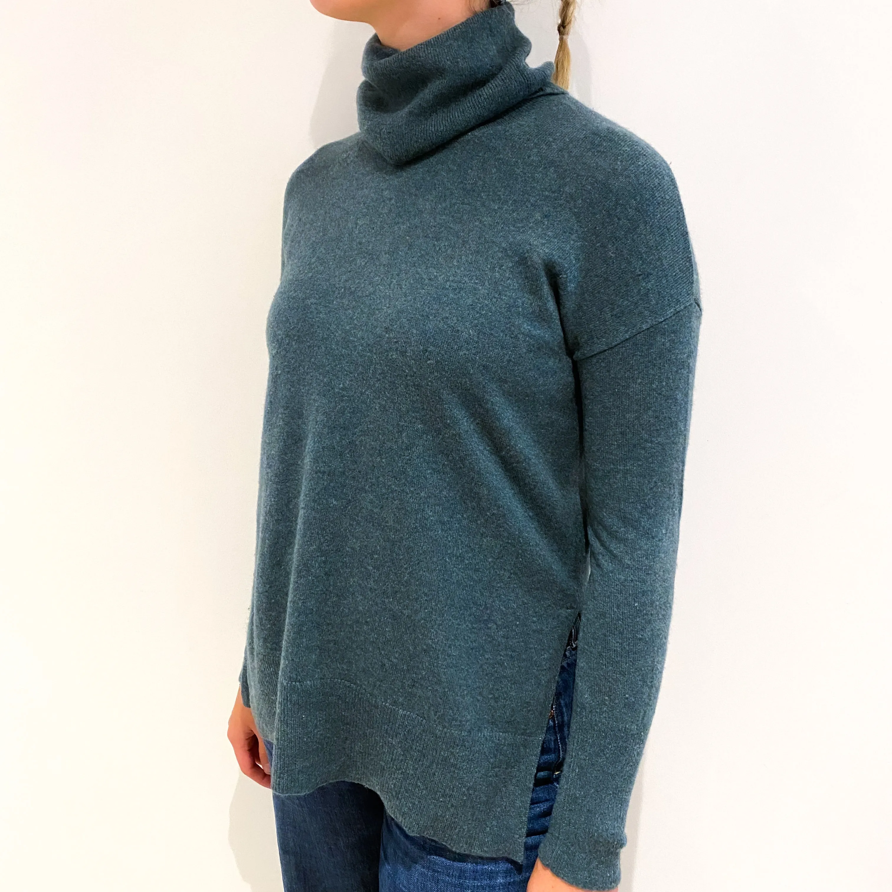 Spruce Green Cashmere Slouchy Cowl Neck Tunic Jumper Small
