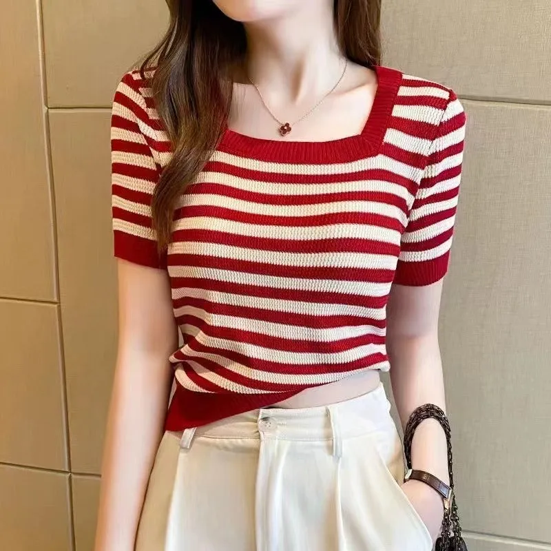 Square Neck Striped Short Sleeve T shirt Ice Fiber Summer Knit Top