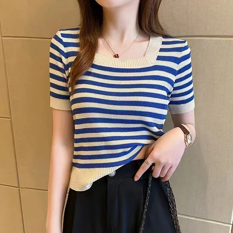 Square Neck Striped Short Sleeve T shirt Ice Fiber Summer Knit Top