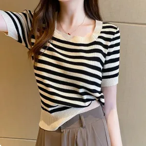 Square Neck Striped Short Sleeve T shirt Ice Fiber Summer Knit Top