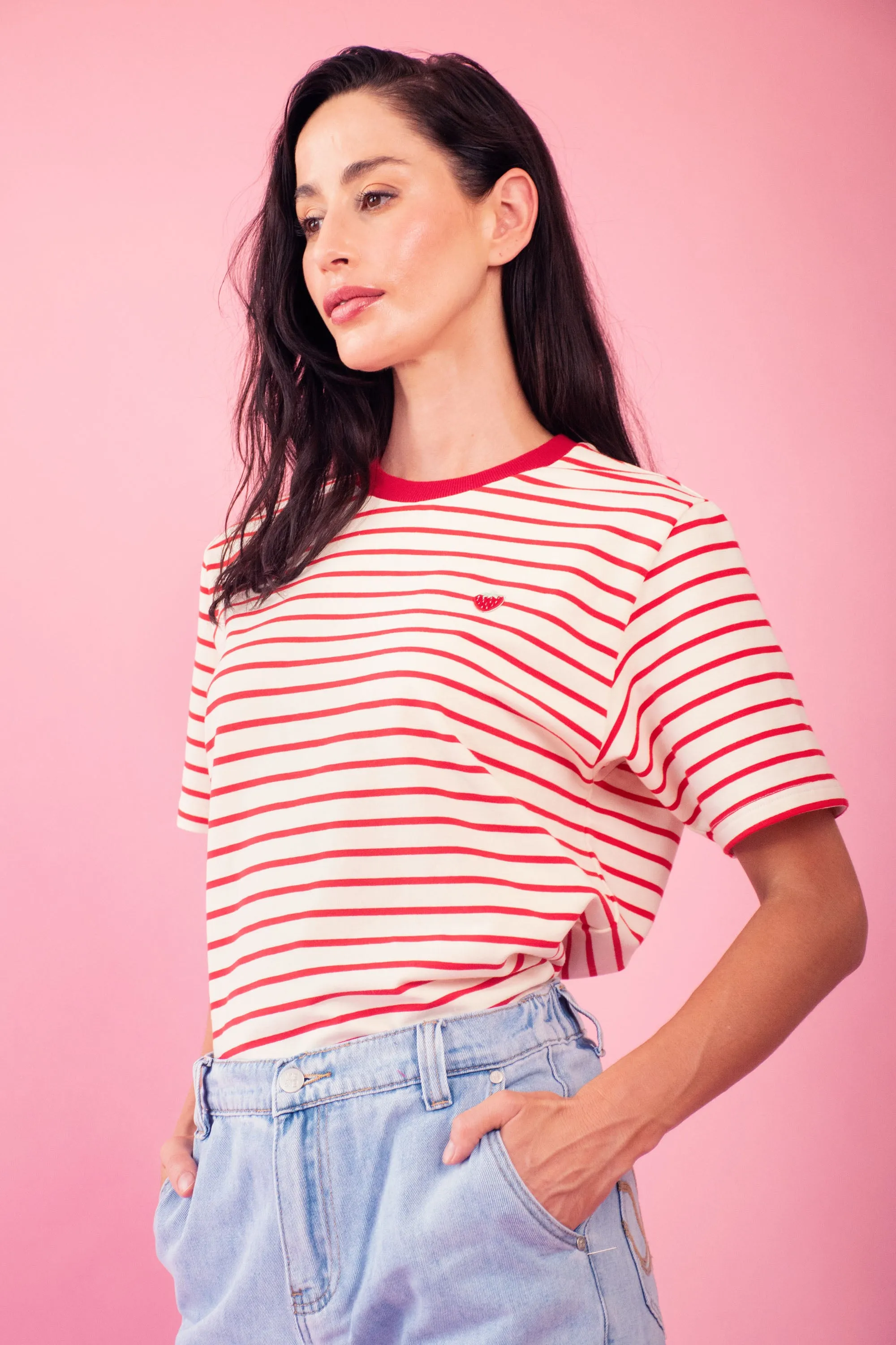 Striped Tee with Embroidered Strawberry