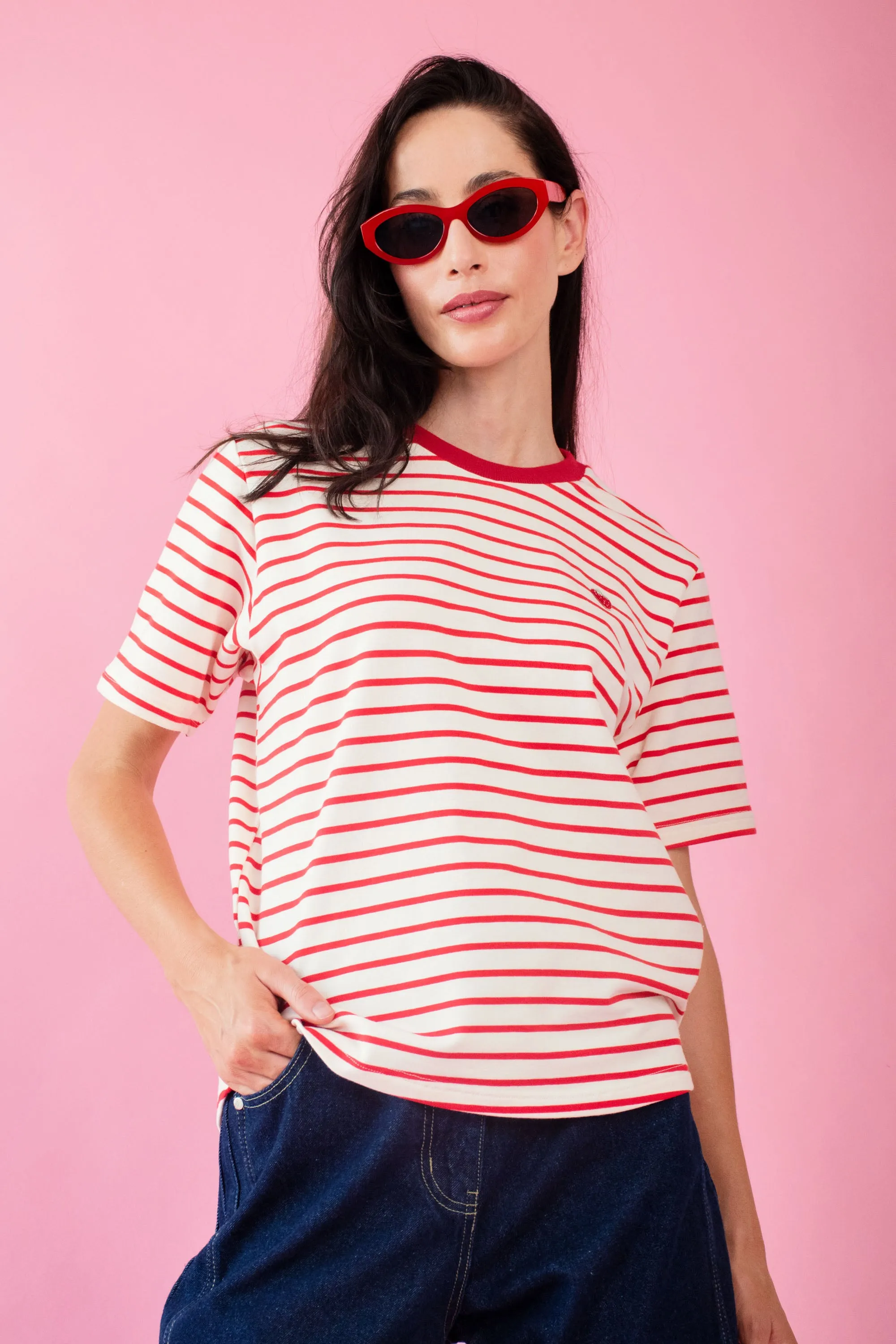 Striped Tee with Embroidered Strawberry