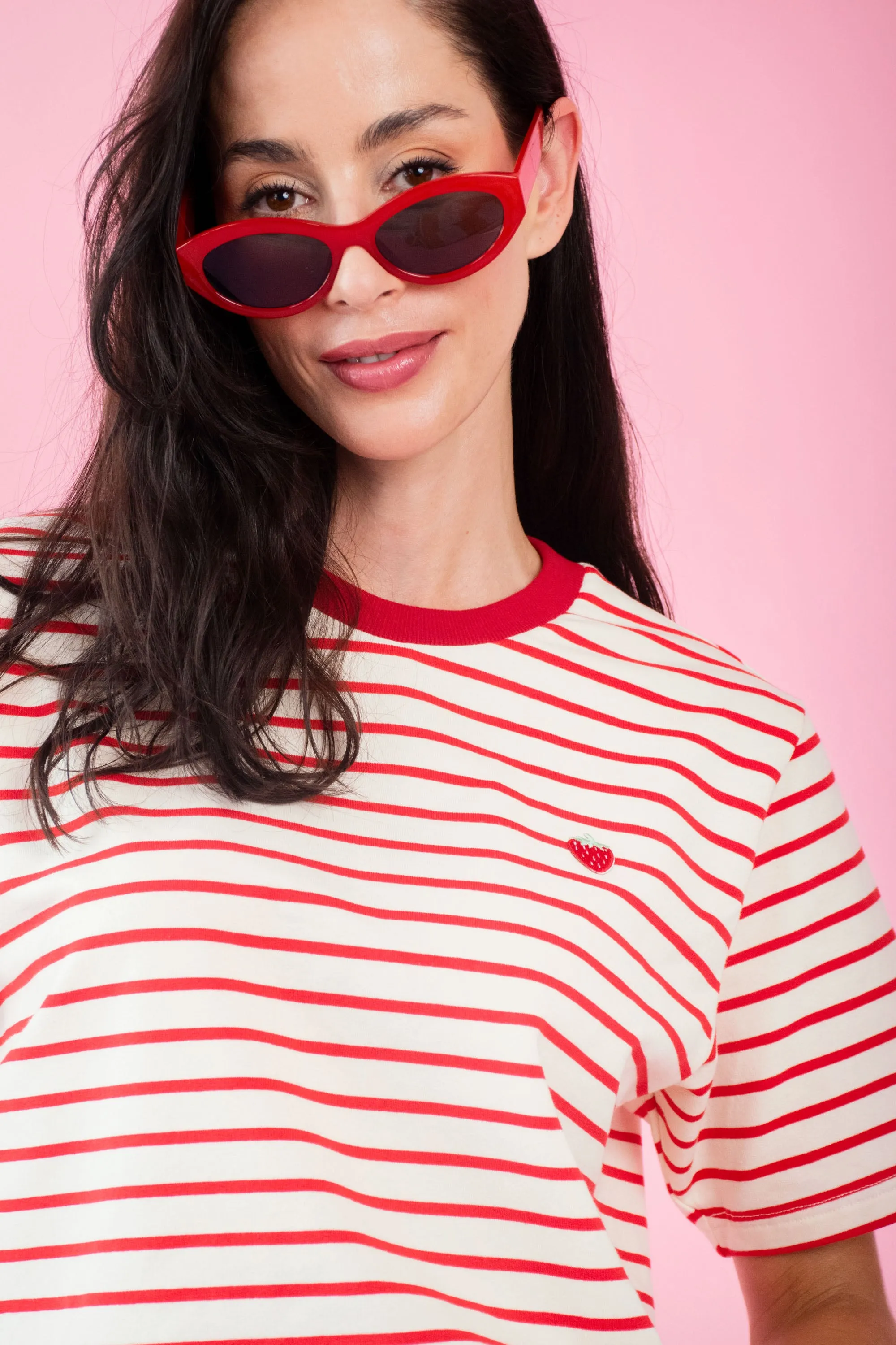 Striped Tee with Embroidered Strawberry