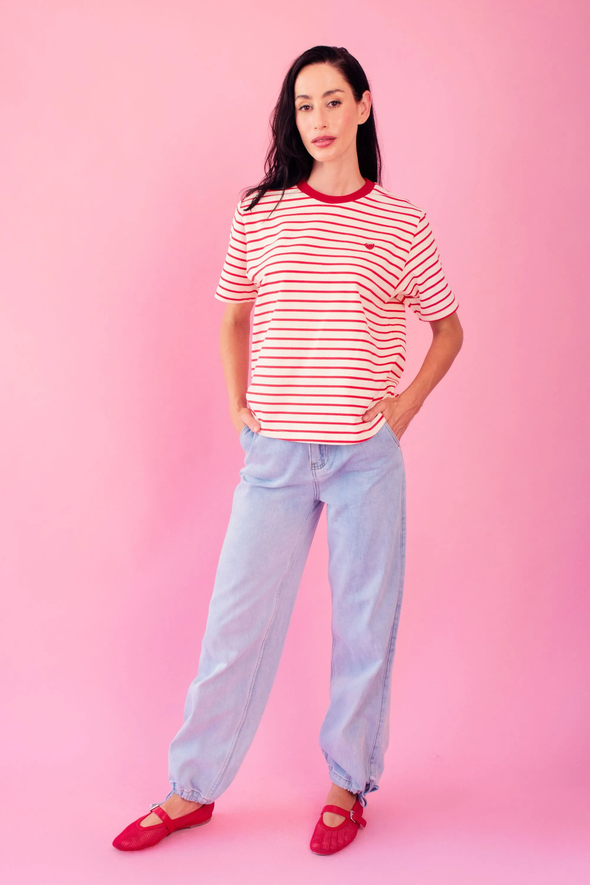 Striped Tee with Embroidered Strawberry
