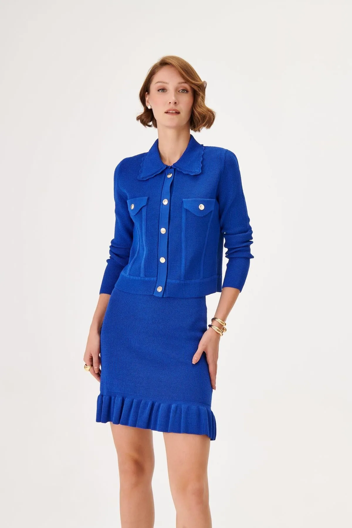 Textured Mini Knit Skirt with Ruffled Hemline
