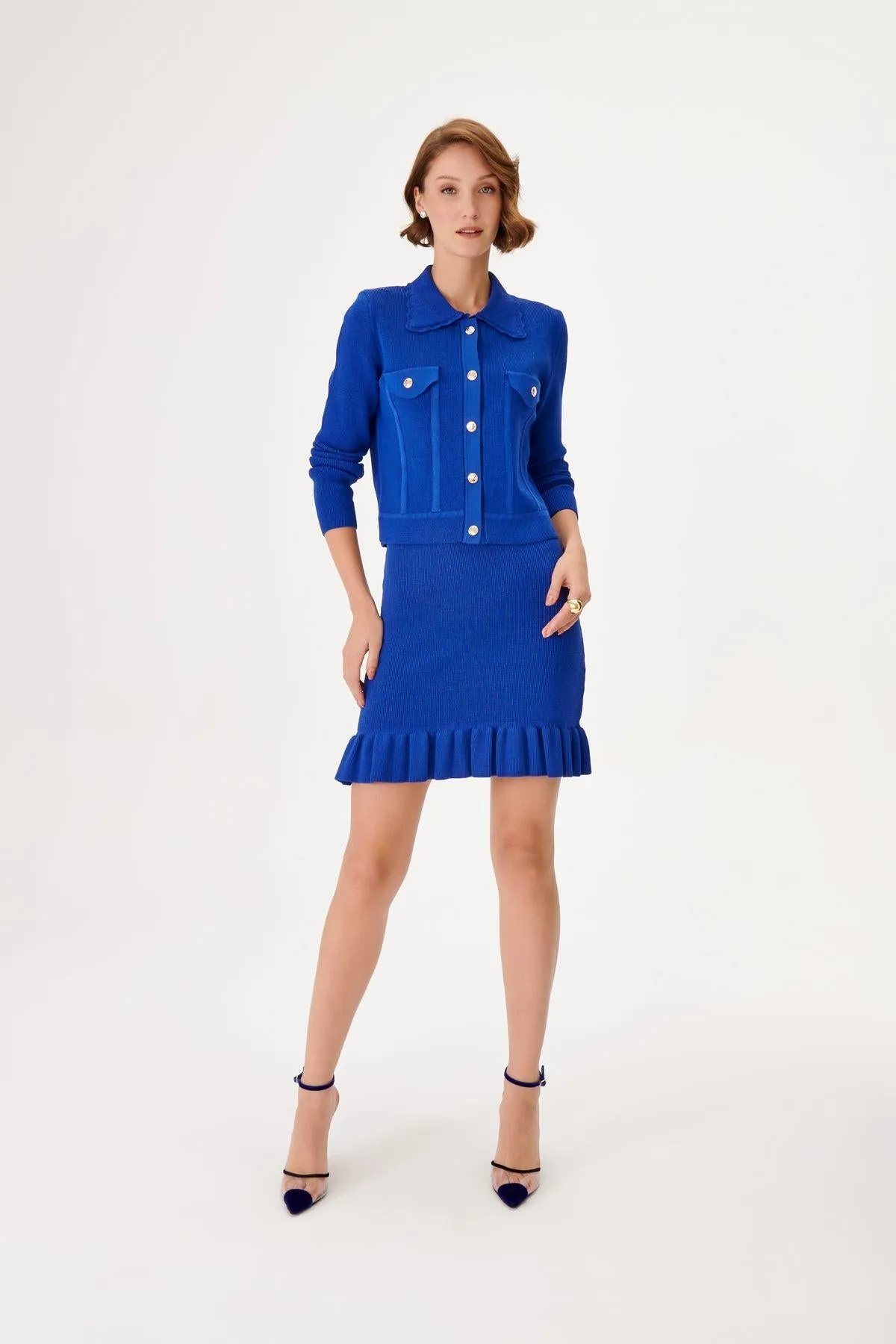 Textured Mini Knit Skirt with Ruffled Hemline