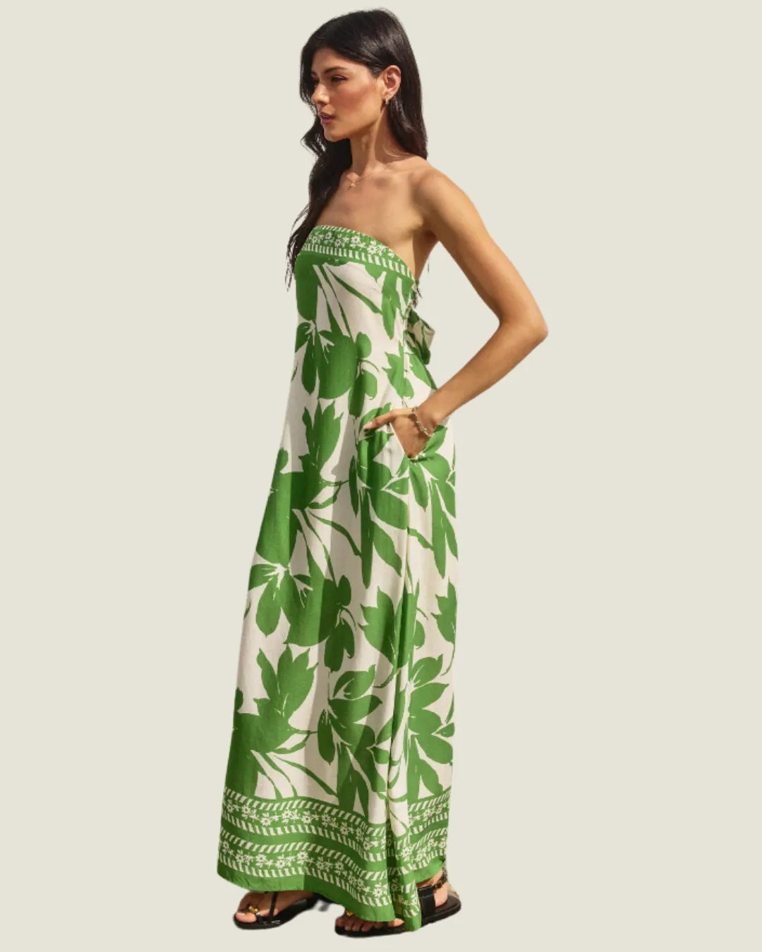 The Island Luxe: Strapless Patterned Midi Dress