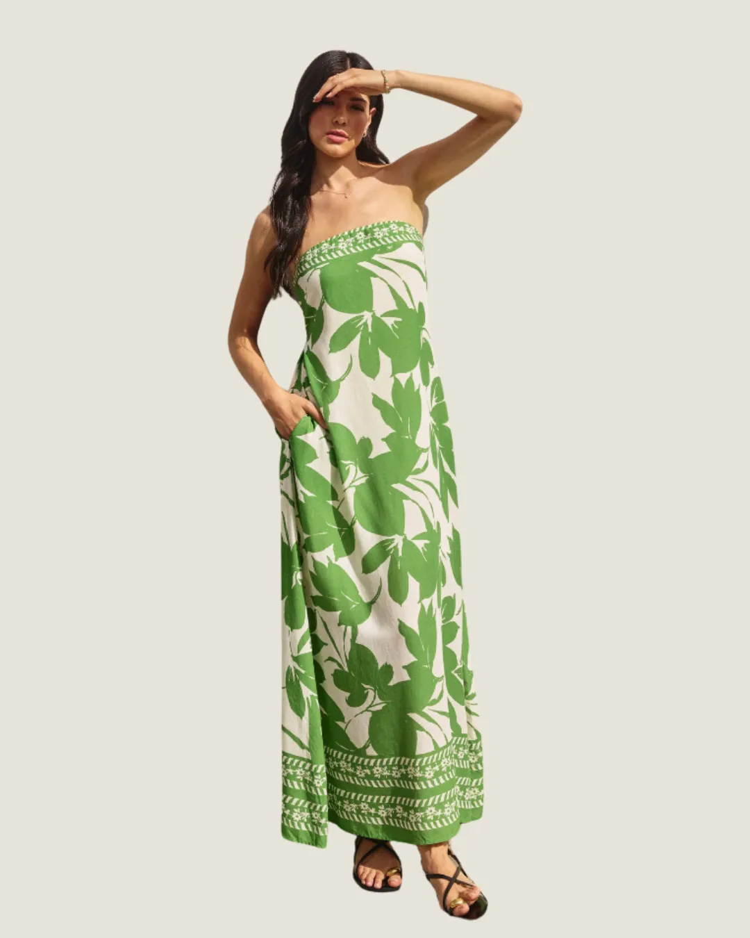 The Island Luxe: Strapless Patterned Midi Dress