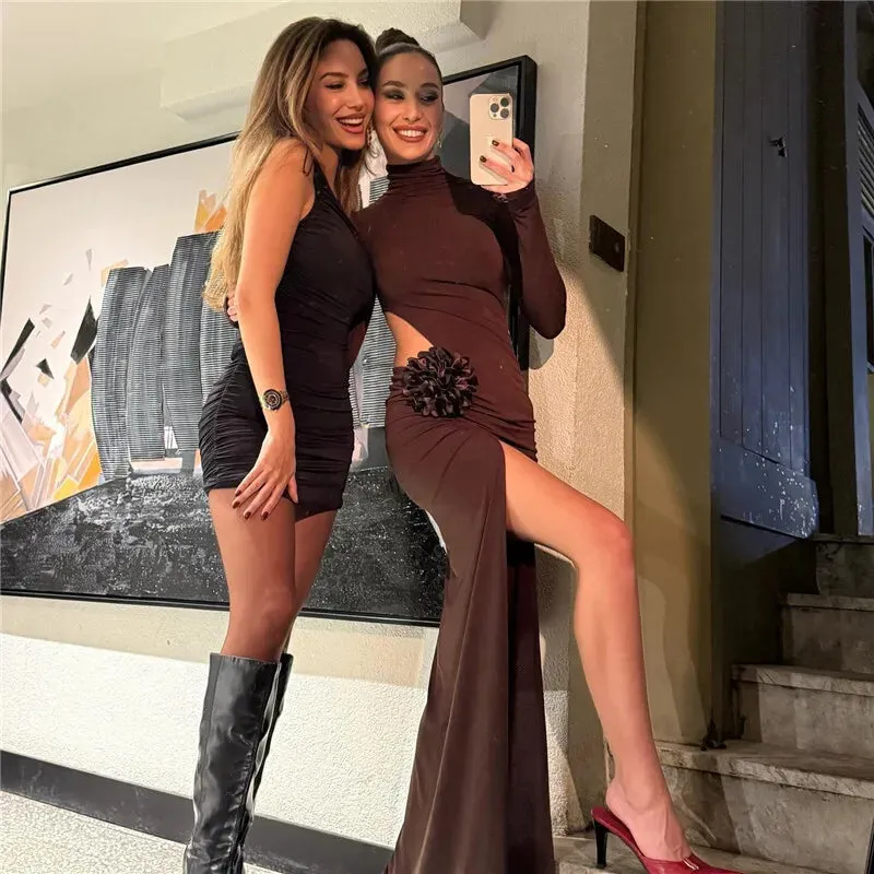 Turtleneck Hollow Out Thigh High Split Dress