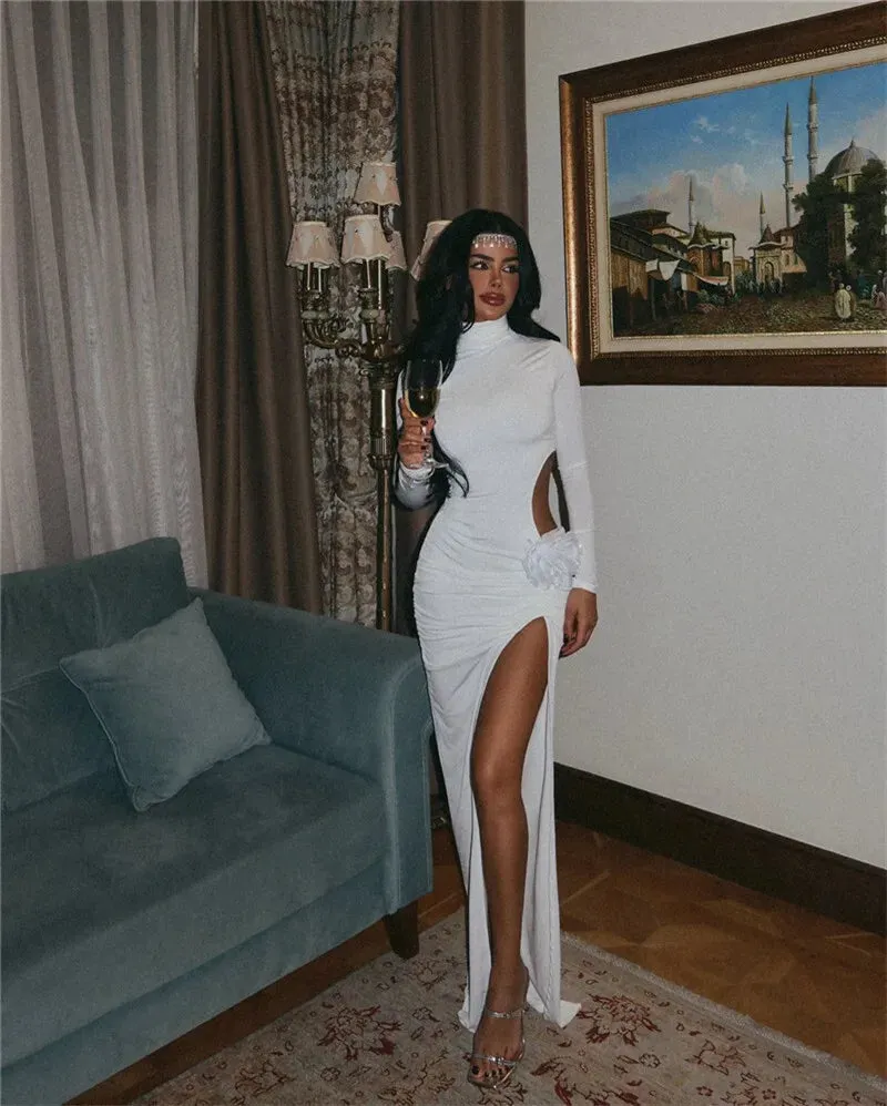Turtleneck Hollow Out Thigh High Split Dress