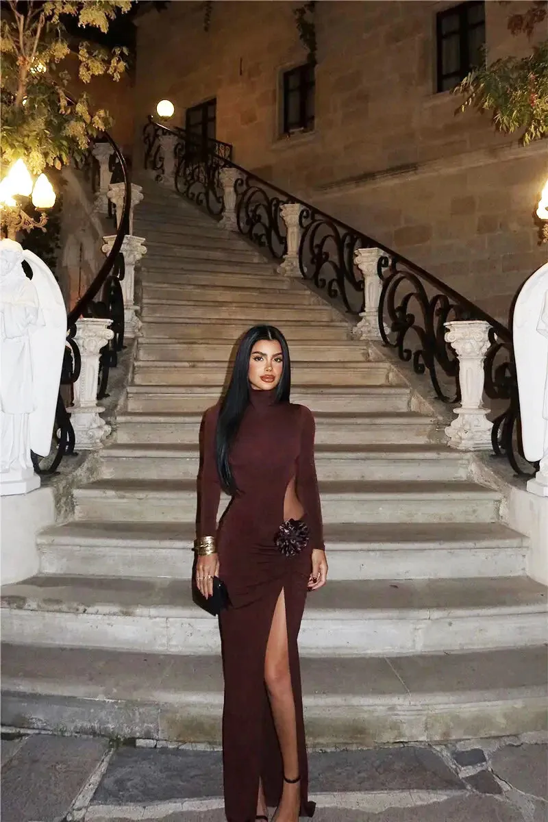 Turtleneck Hollow Out Thigh High Split Dress
